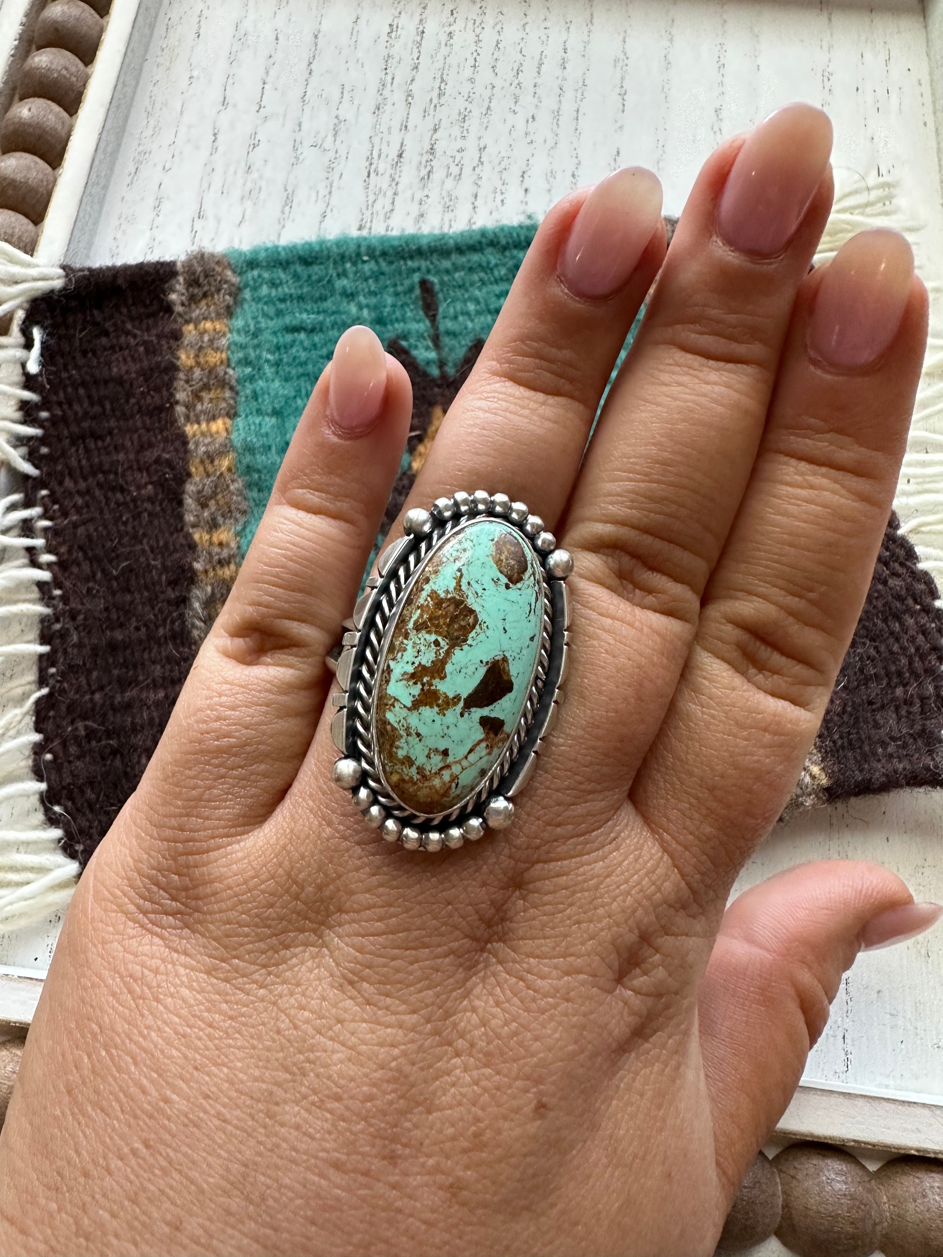 Gorgeous Navajo Sterling Silver & Turquoise Adjustable Ring Signed LK