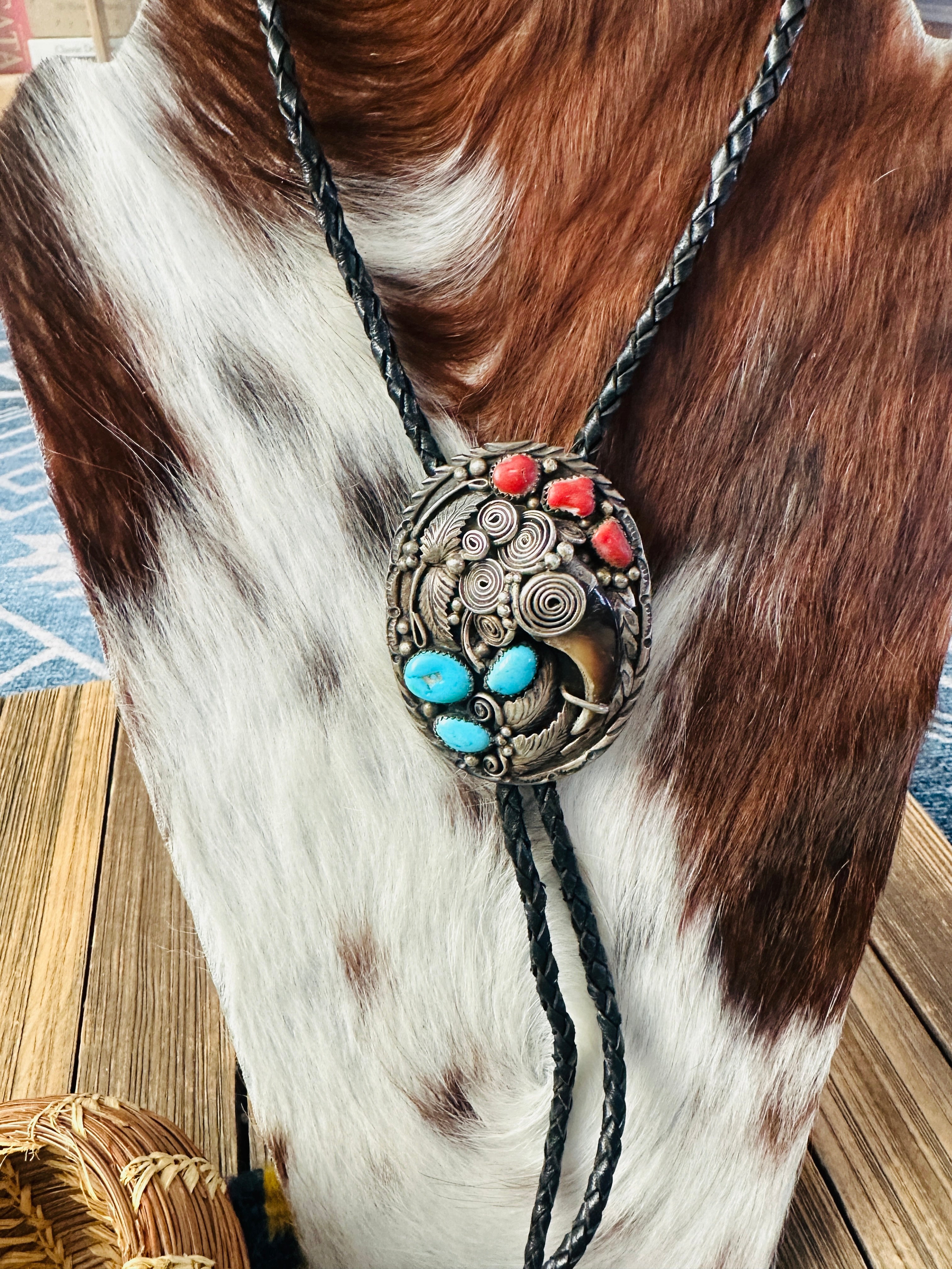 Handcrafted Vintage Old Pawn Sterling Silver, Turquoise & Coral Bolo Tie