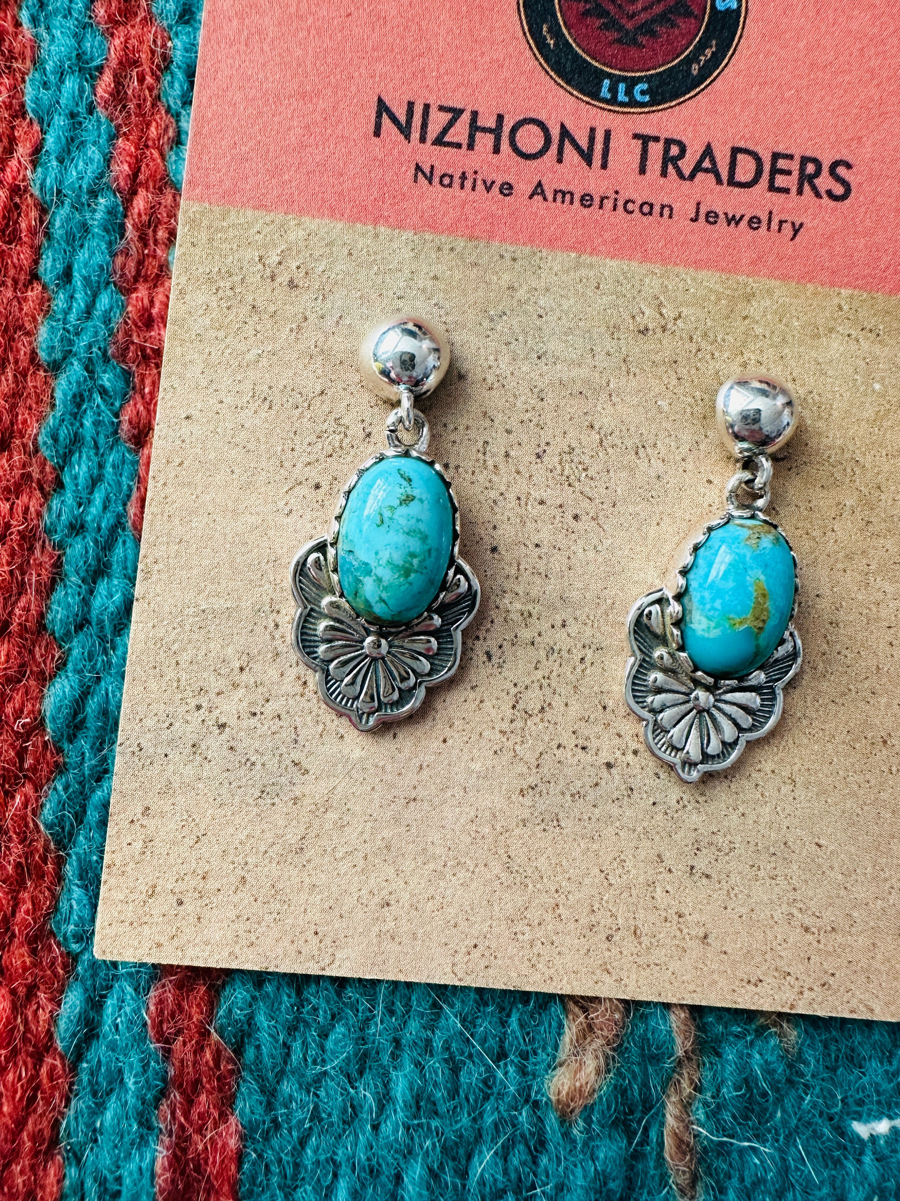 Handmade Turquoise & Sterling Silver Dangle Earrings Signed Nizhoni