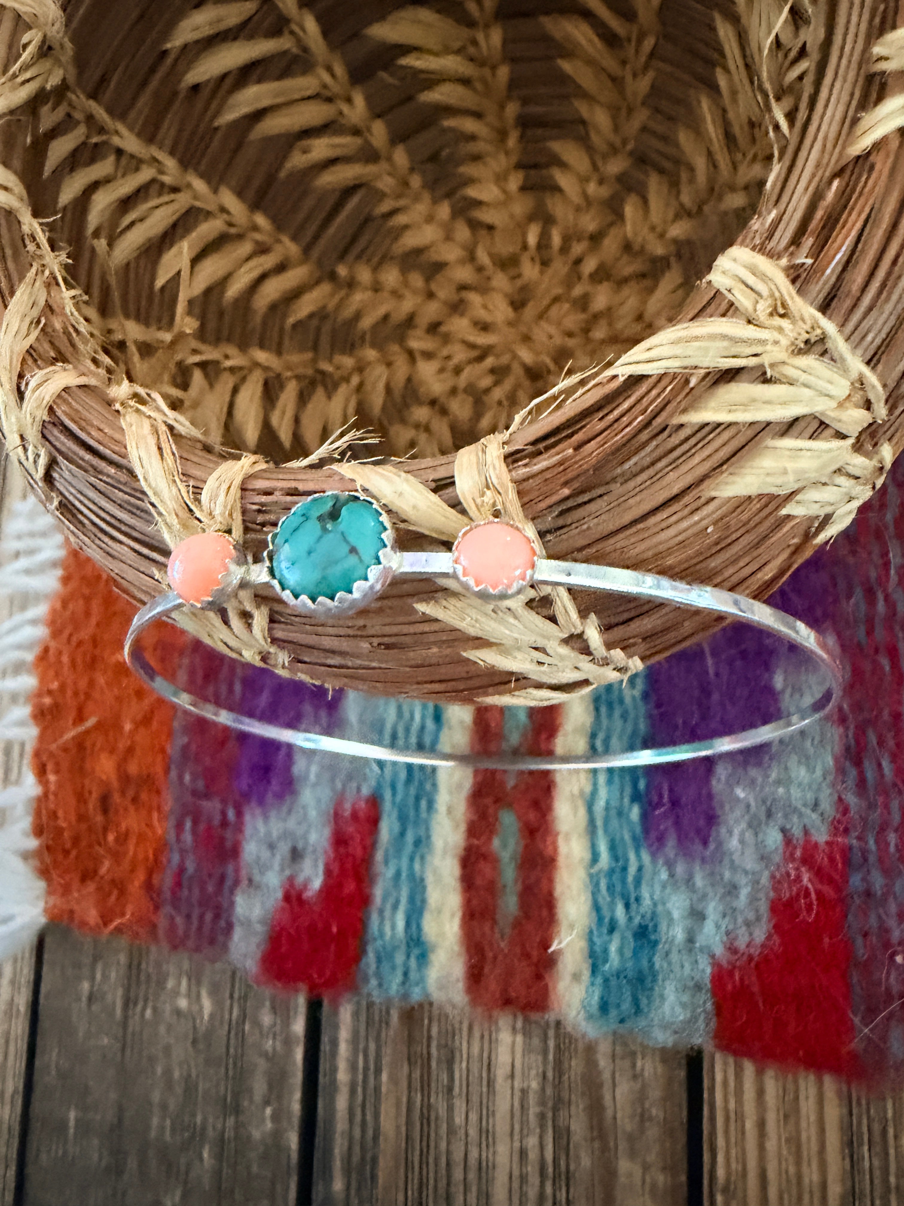 Handmade Queen Pink Conch, Turquoise & Sterling Silver Bangle Bracelet