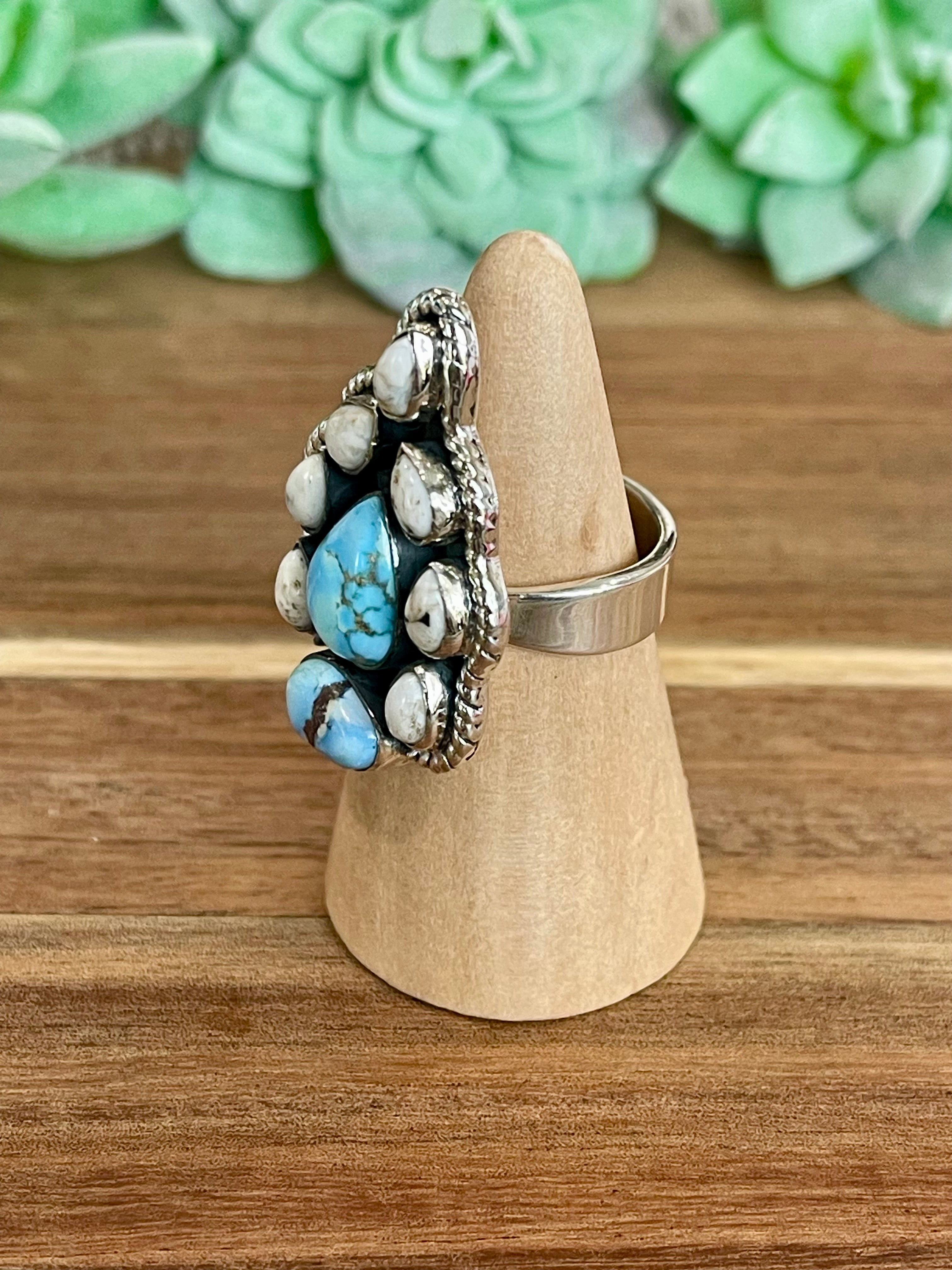 Beautiful Handmade Golden Hills Turquoise, White Buffalo And Sterling Silver Adjustable Ring