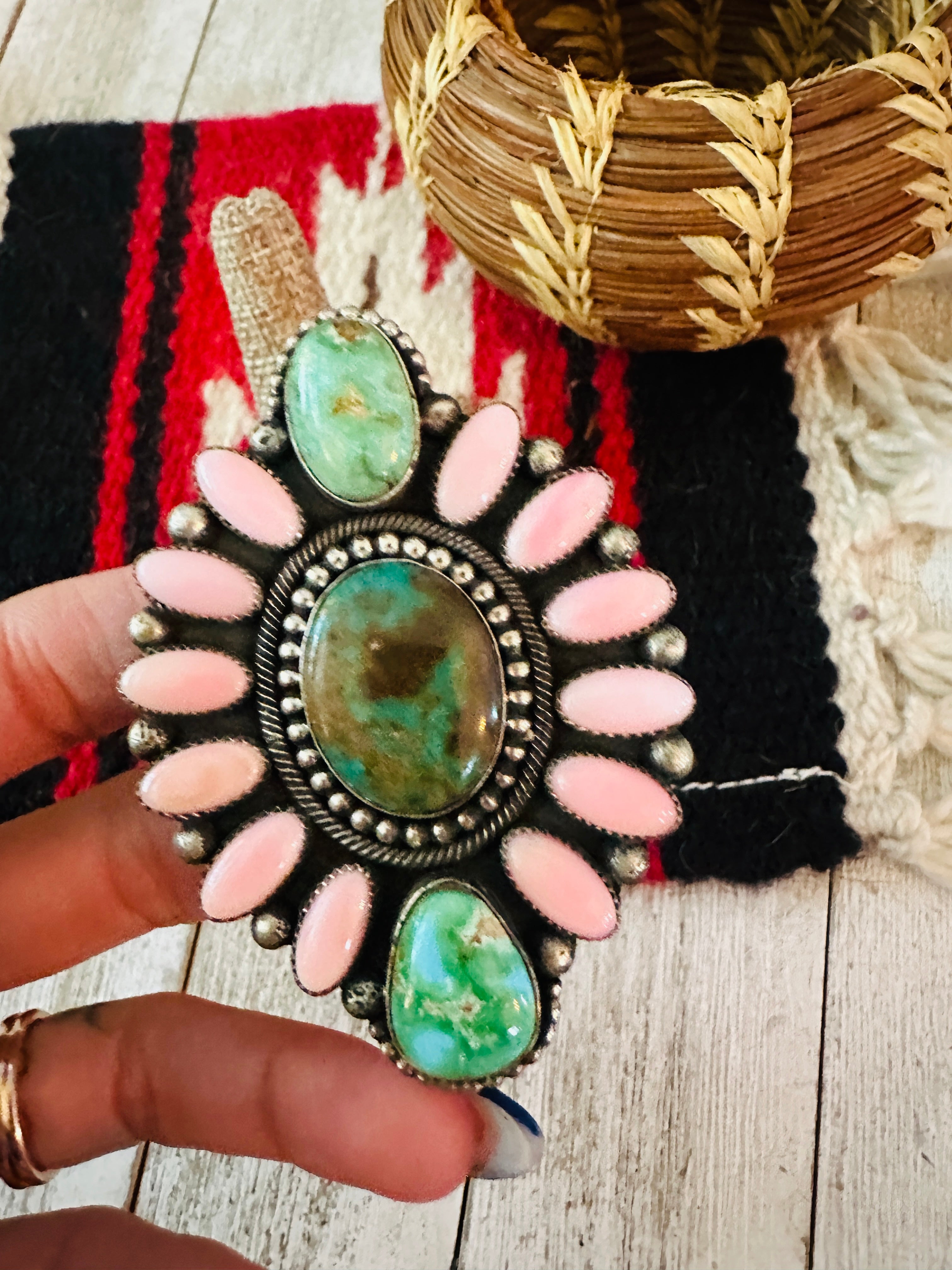 Handcrafted Sterling Silver, Queen Pink Conch & Turquoise Cluster Adjustable Ring by Hemerson Brown