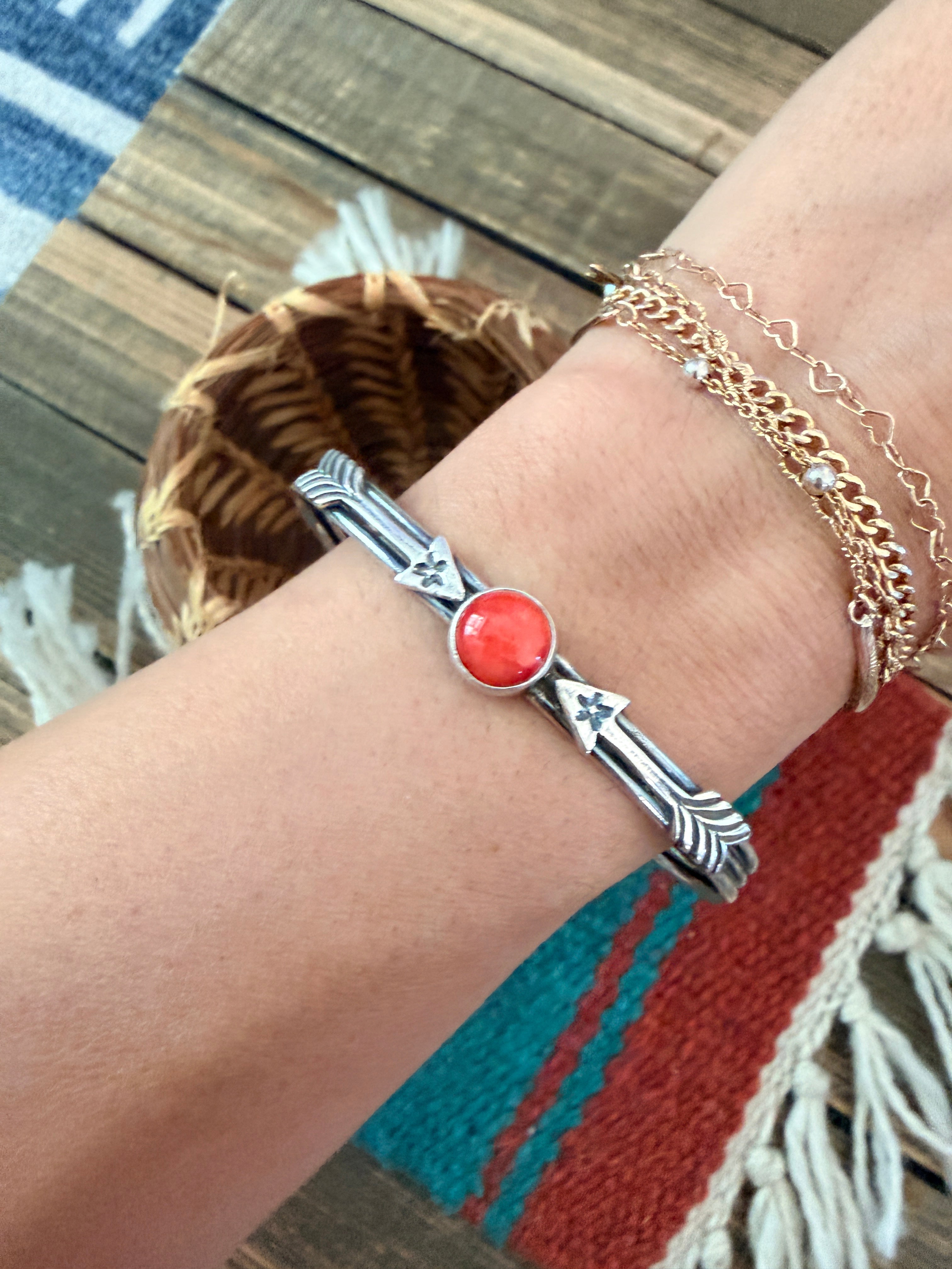 Handcrafted Sterling Silver & Red Spiny Oyster Arrow Cuff Bracelet