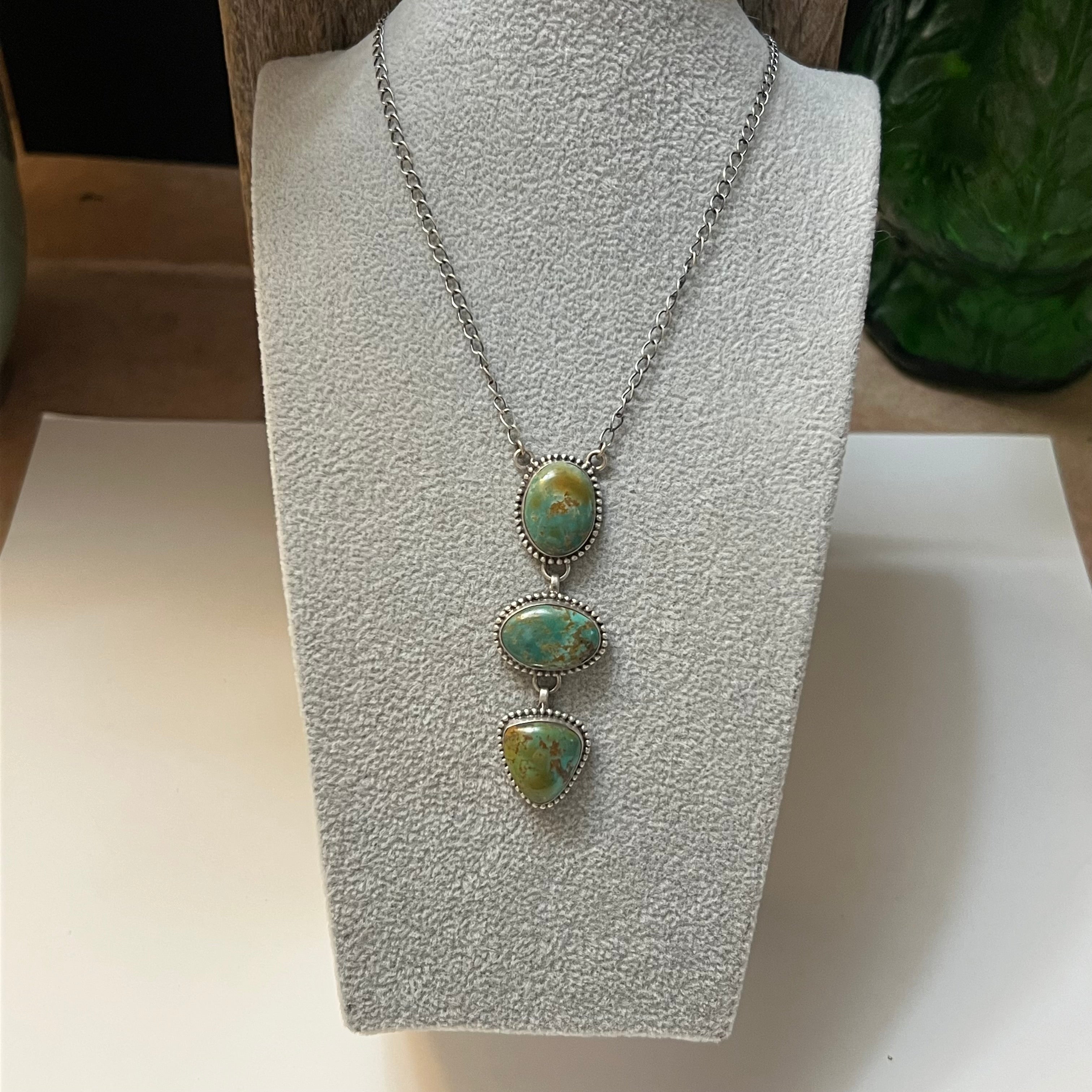 Handmade 3 Stone Turquoise & Sterling Silver Drop Necklace (08)