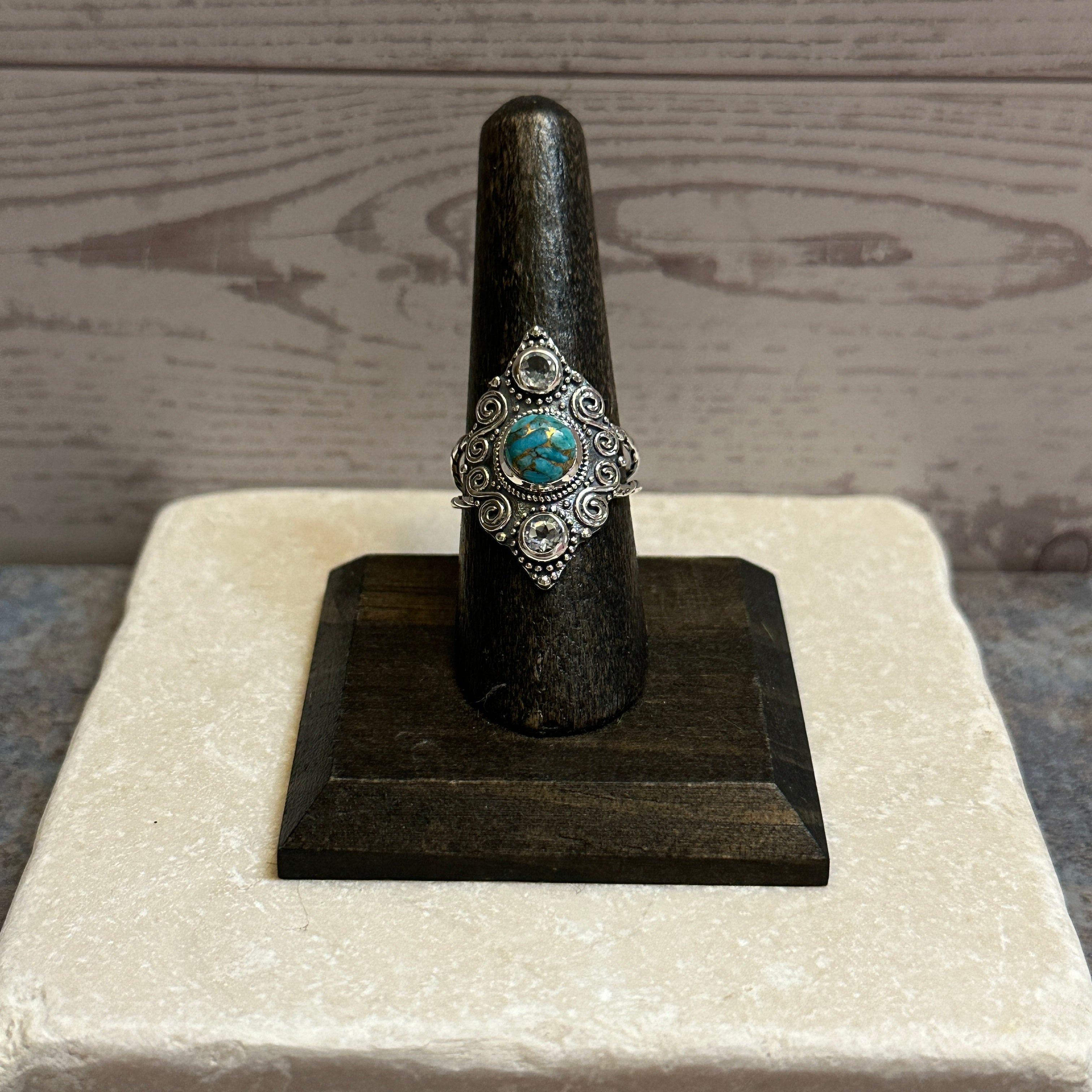 Sterling Silver Etched Copper Turquoise & Blue Topaz Ring Size 8