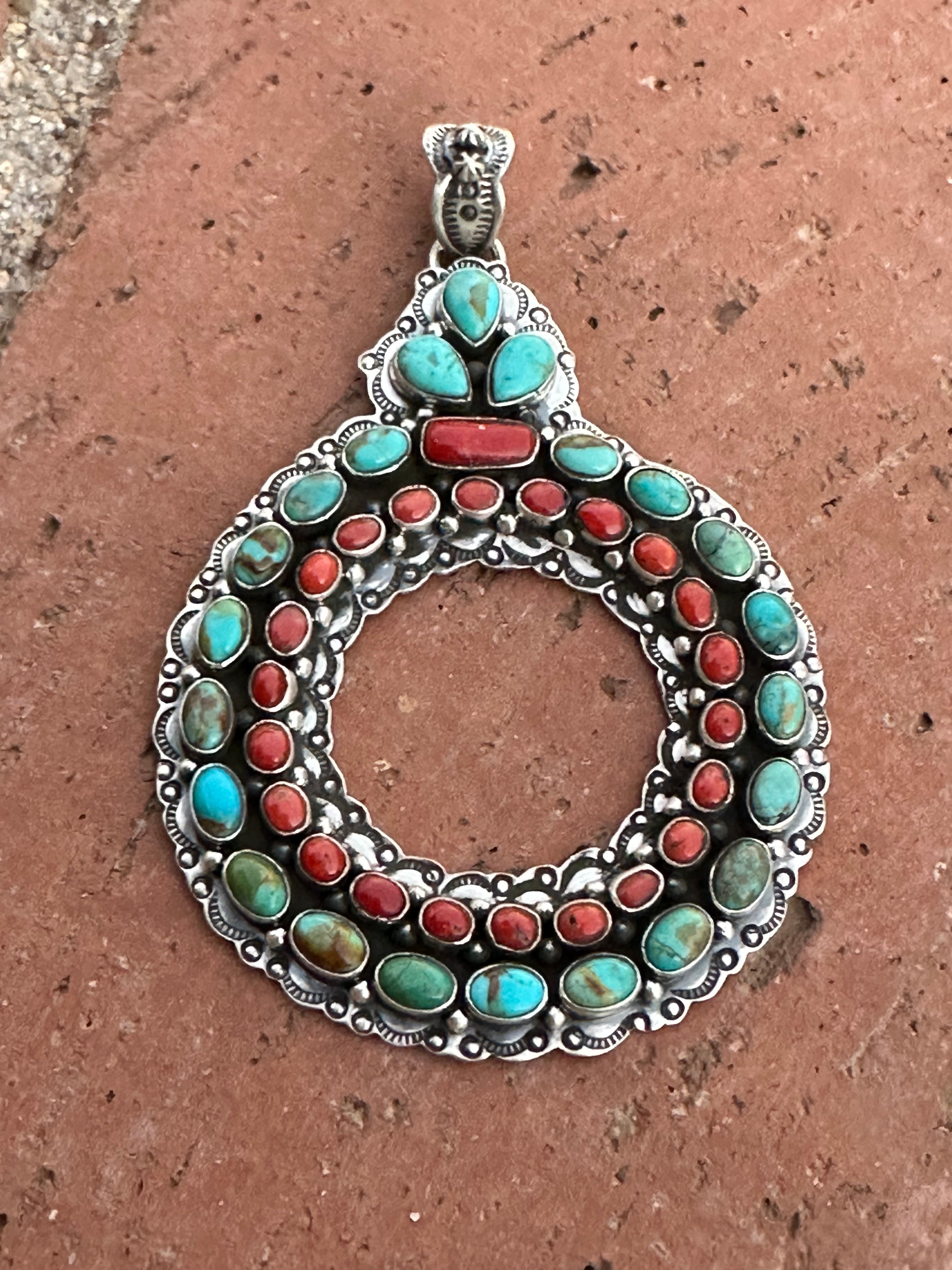 Handmade Sterling Silver, Coral & Kingman Turquoise Christmas Wreath Pendant