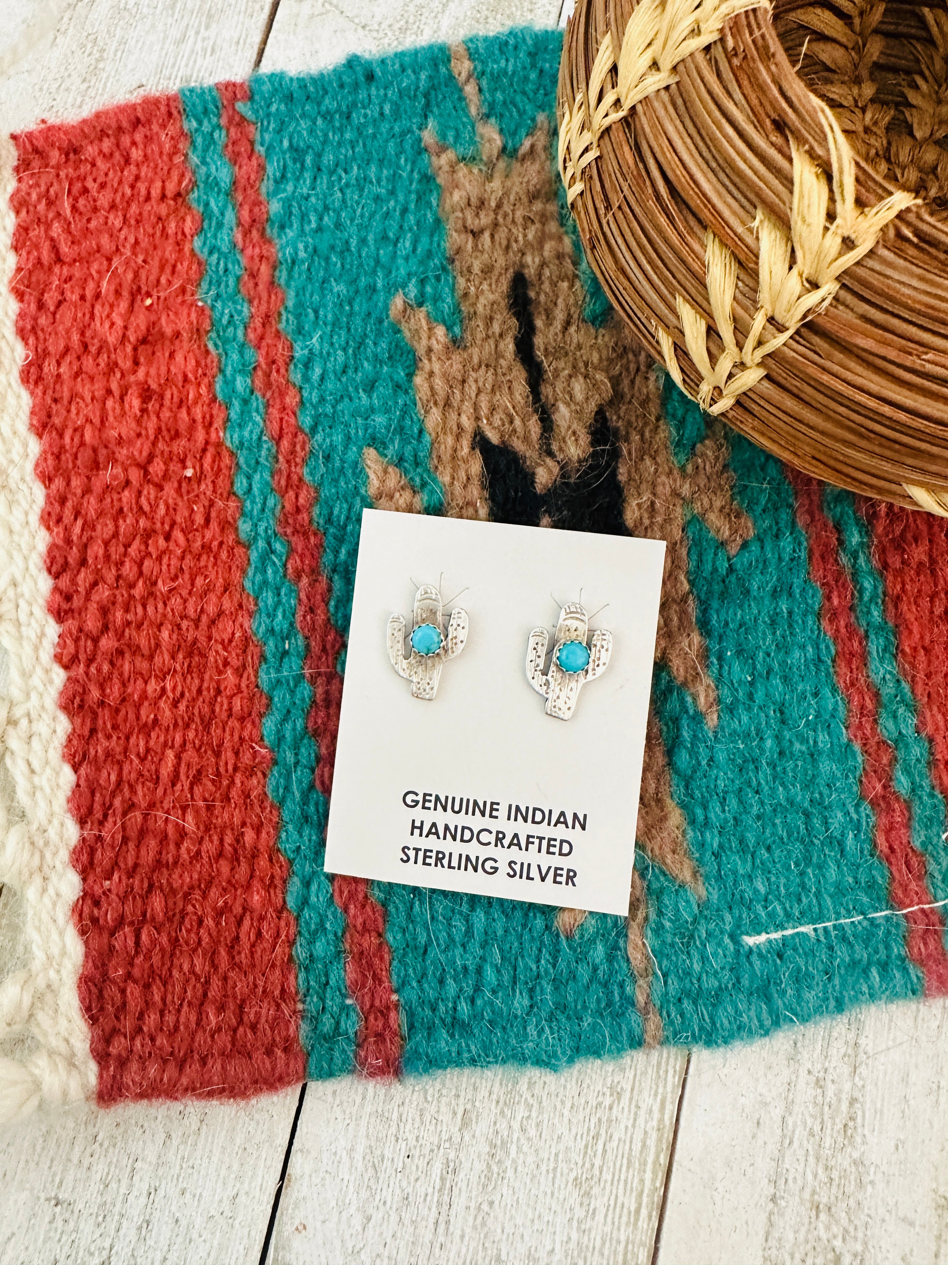 Navajo Sterling Silver & Turquoise Cactus Stud Earrings