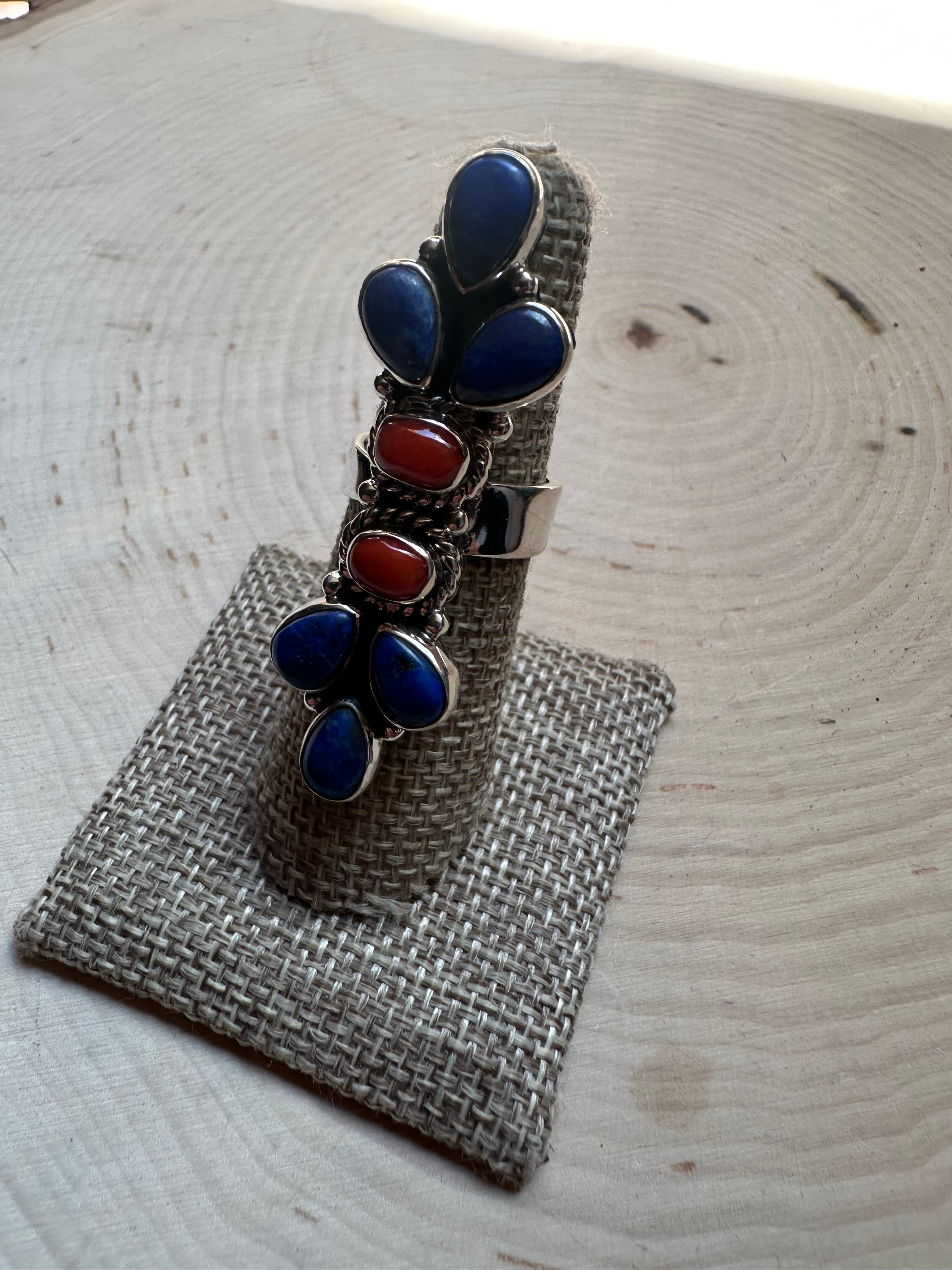 Handmade Lapis, Coral & Sterling Silver Adjustable Ring Signed Nizhoni