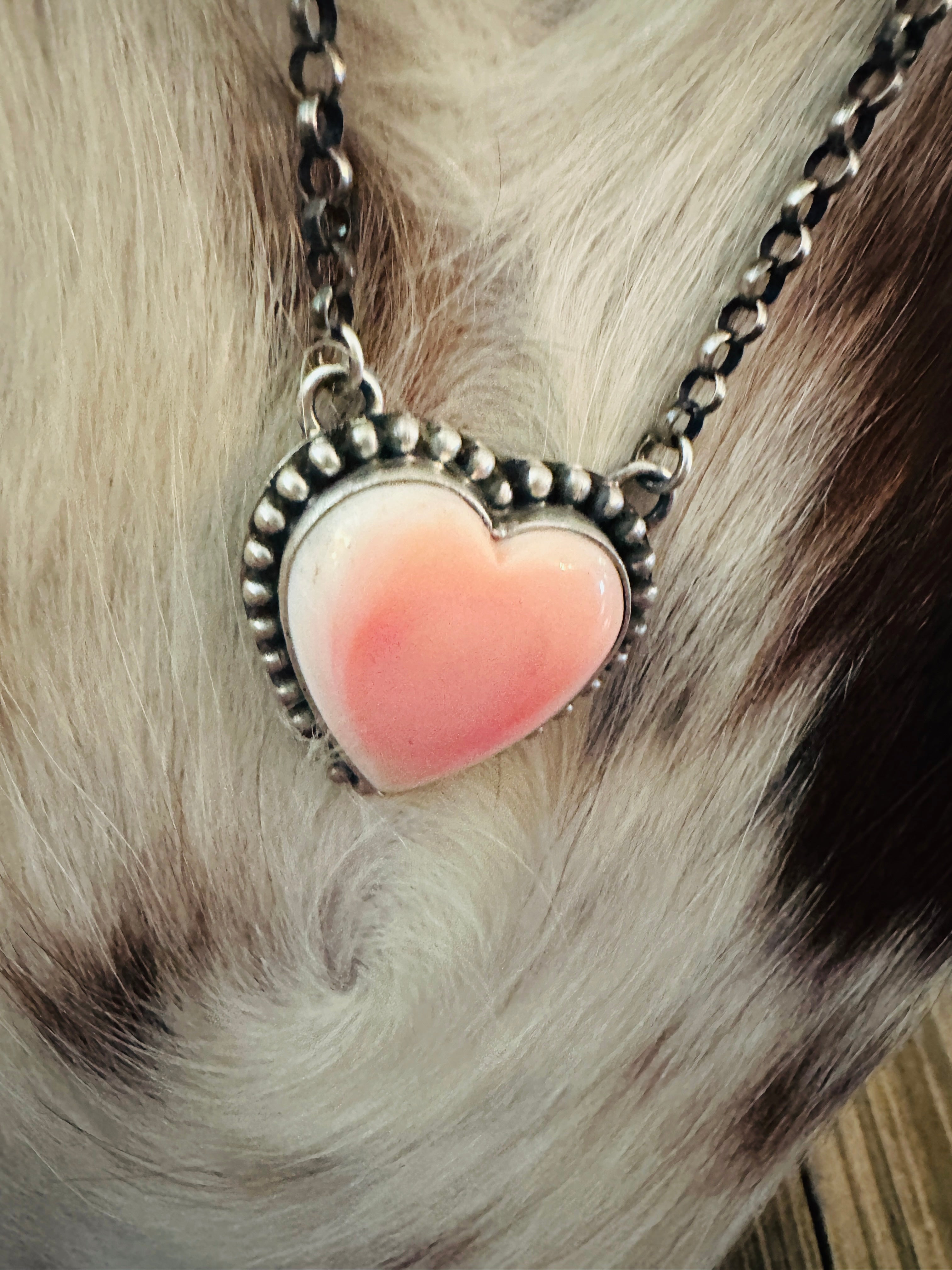 Handcrafted Queen Pink Conch & Sterling Silver Heart Necklace by Emer Thompson