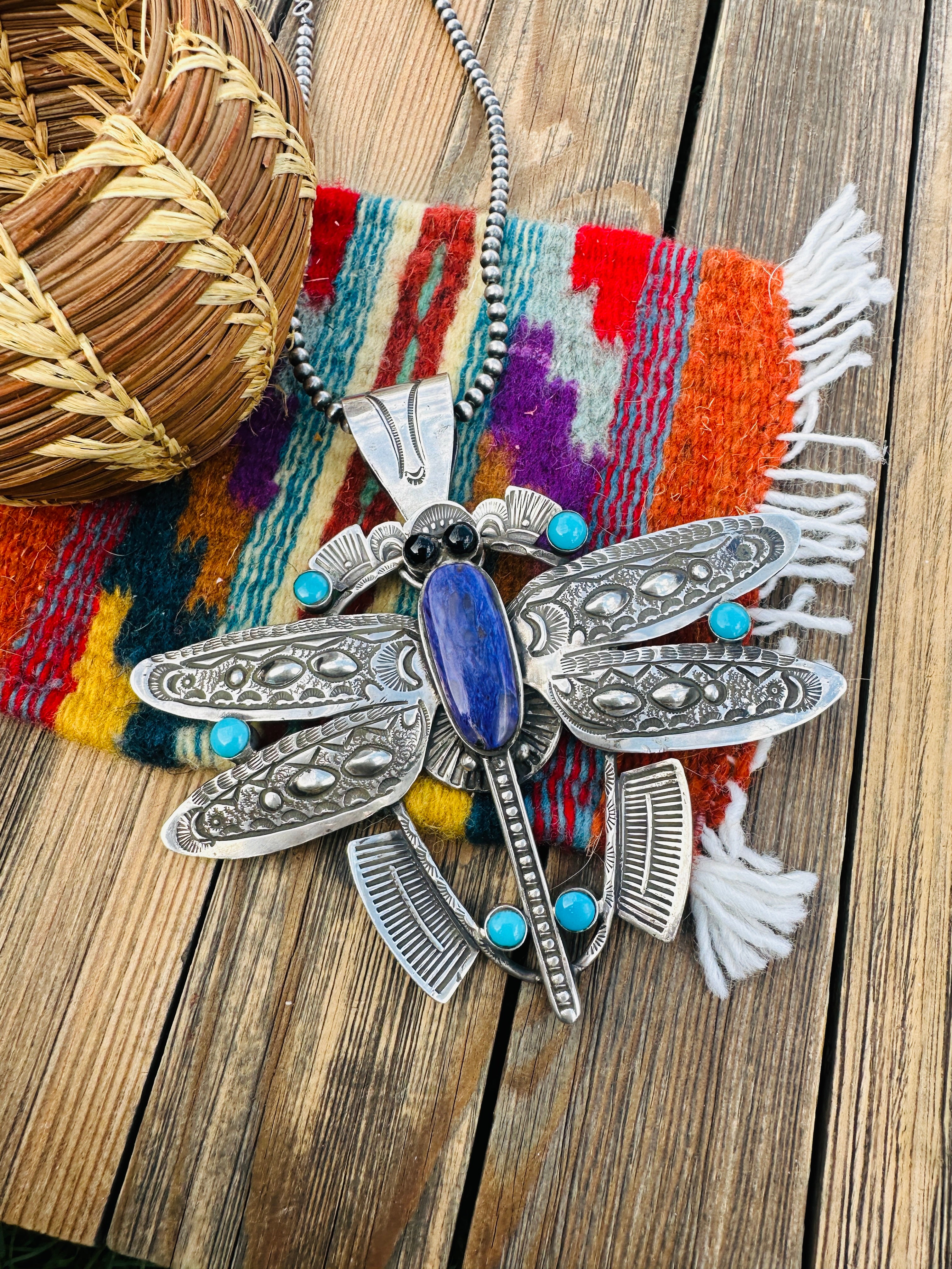 Handcrafted Sterling Silver, Charoite, Turquoise & Onyx Dragonfly Pendant