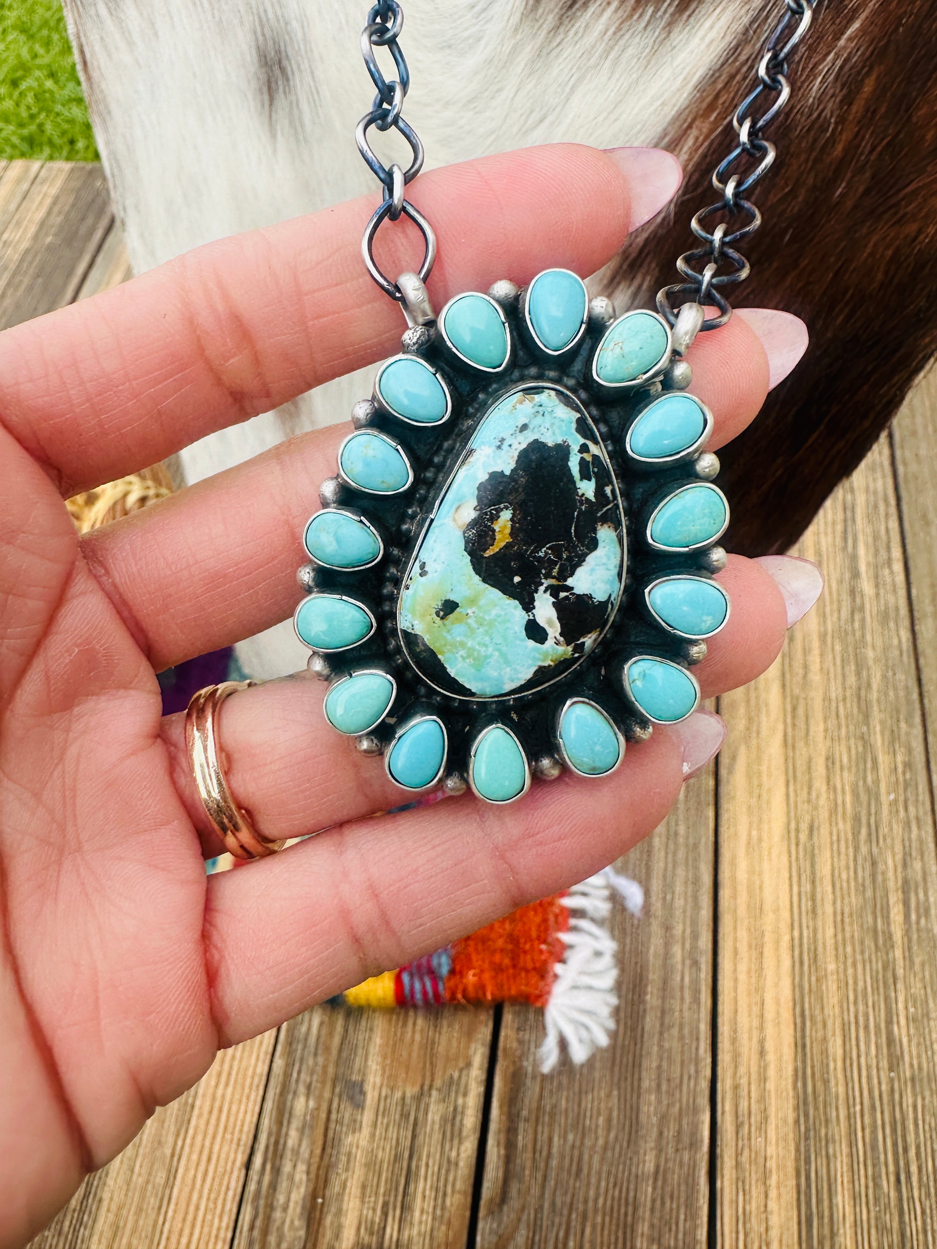 Handcrafted Turquoise & Sterling Silver Cluster Necklace by Travis Jim