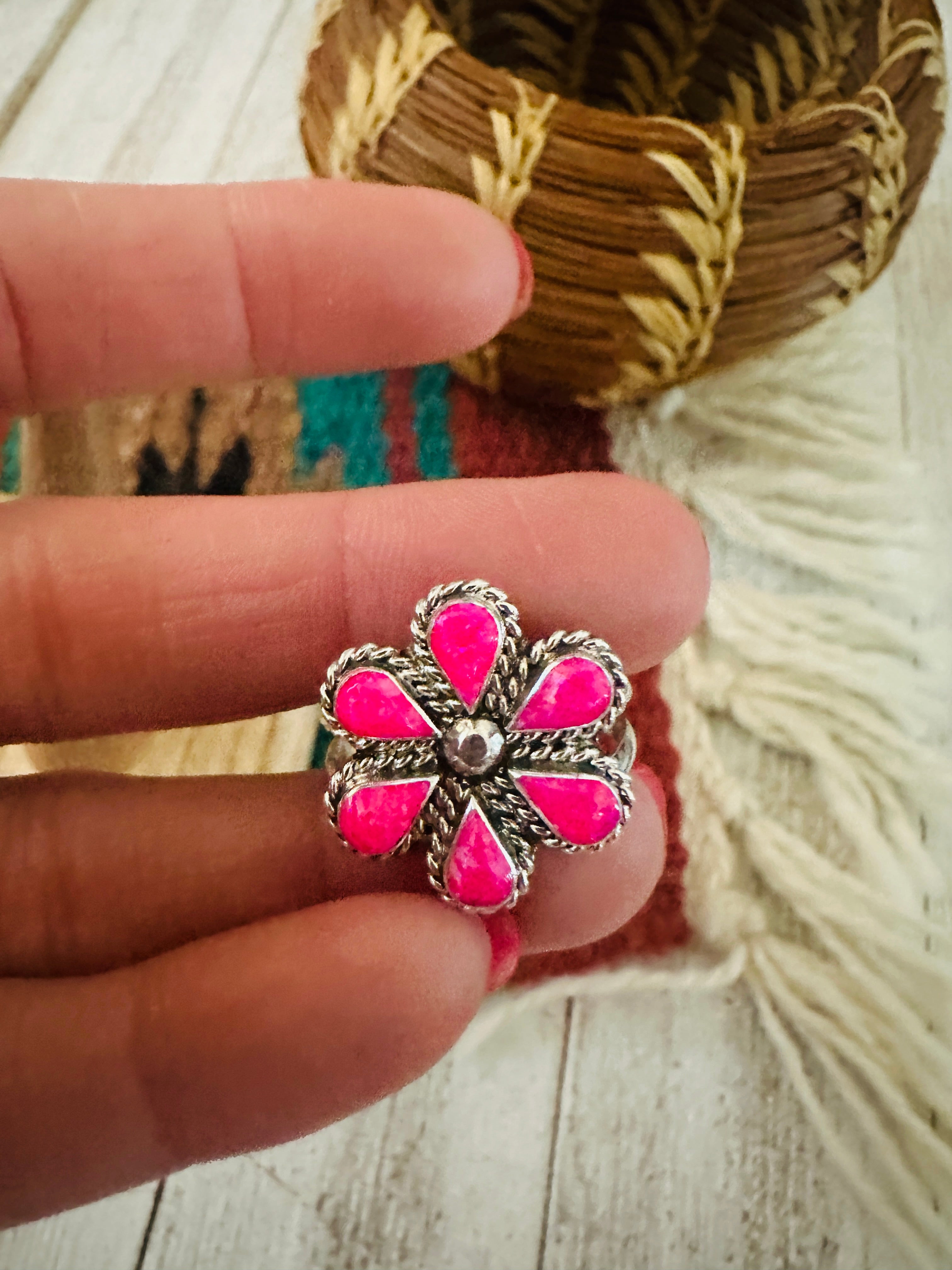 Zuni Sterling Silver & Pink Opal Flower Ring