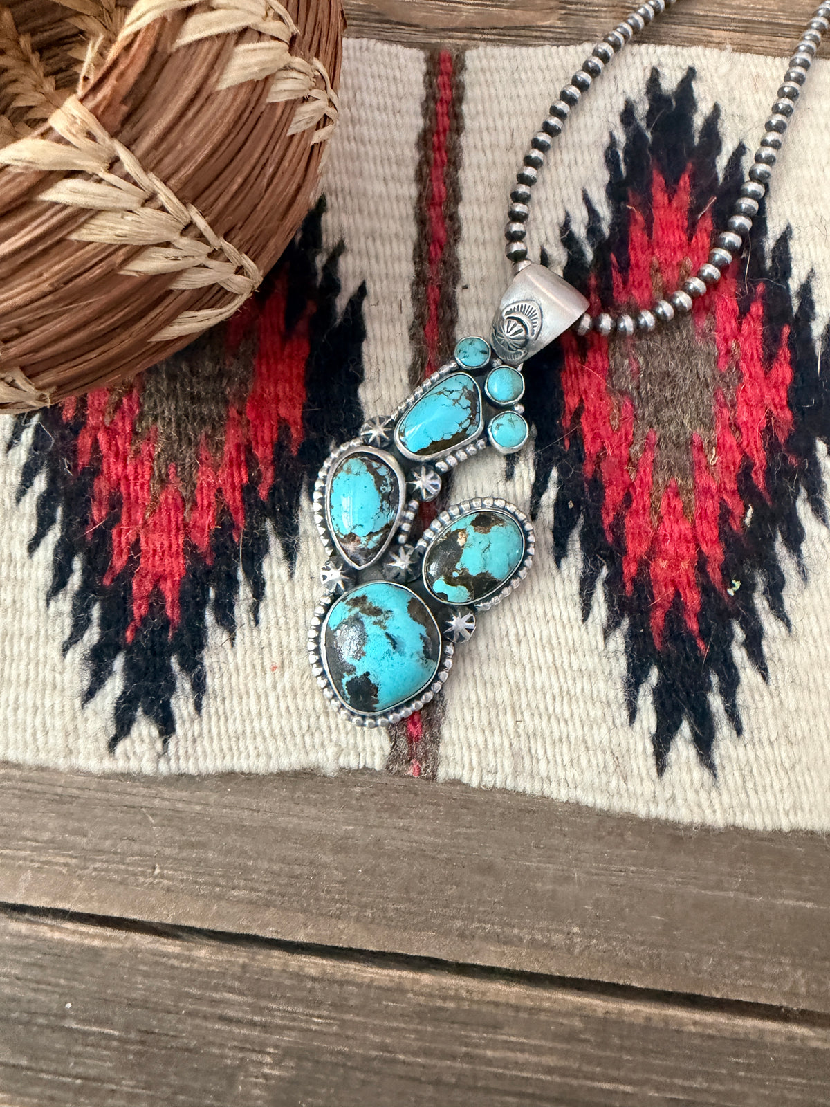 Handcrafted Sterling Silver & Number 8 Turquoise Cactus Pendant by Larry Kaye