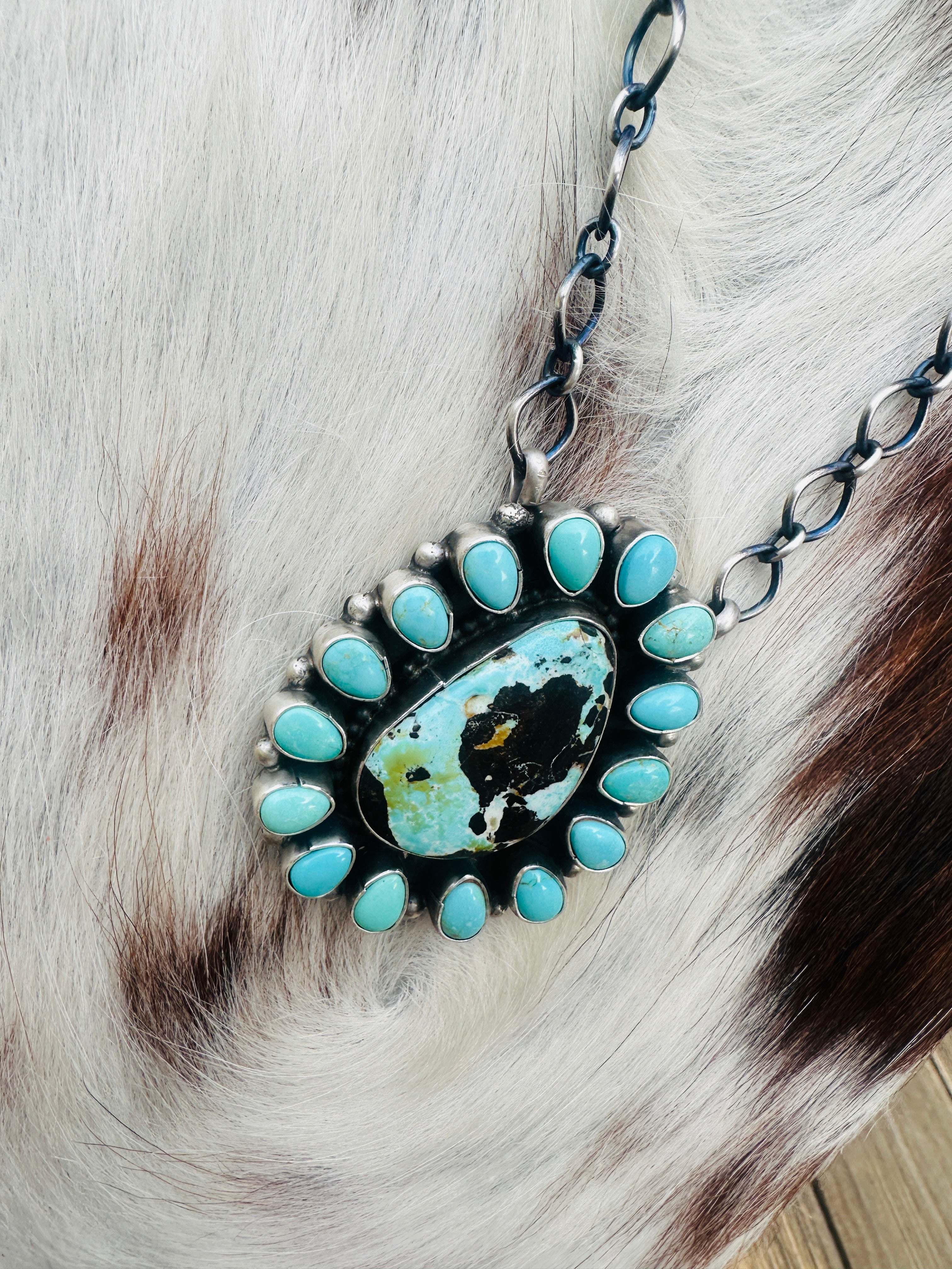 Handcrafted Turquoise & Sterling Silver Cluster Necklace by Travis Jim