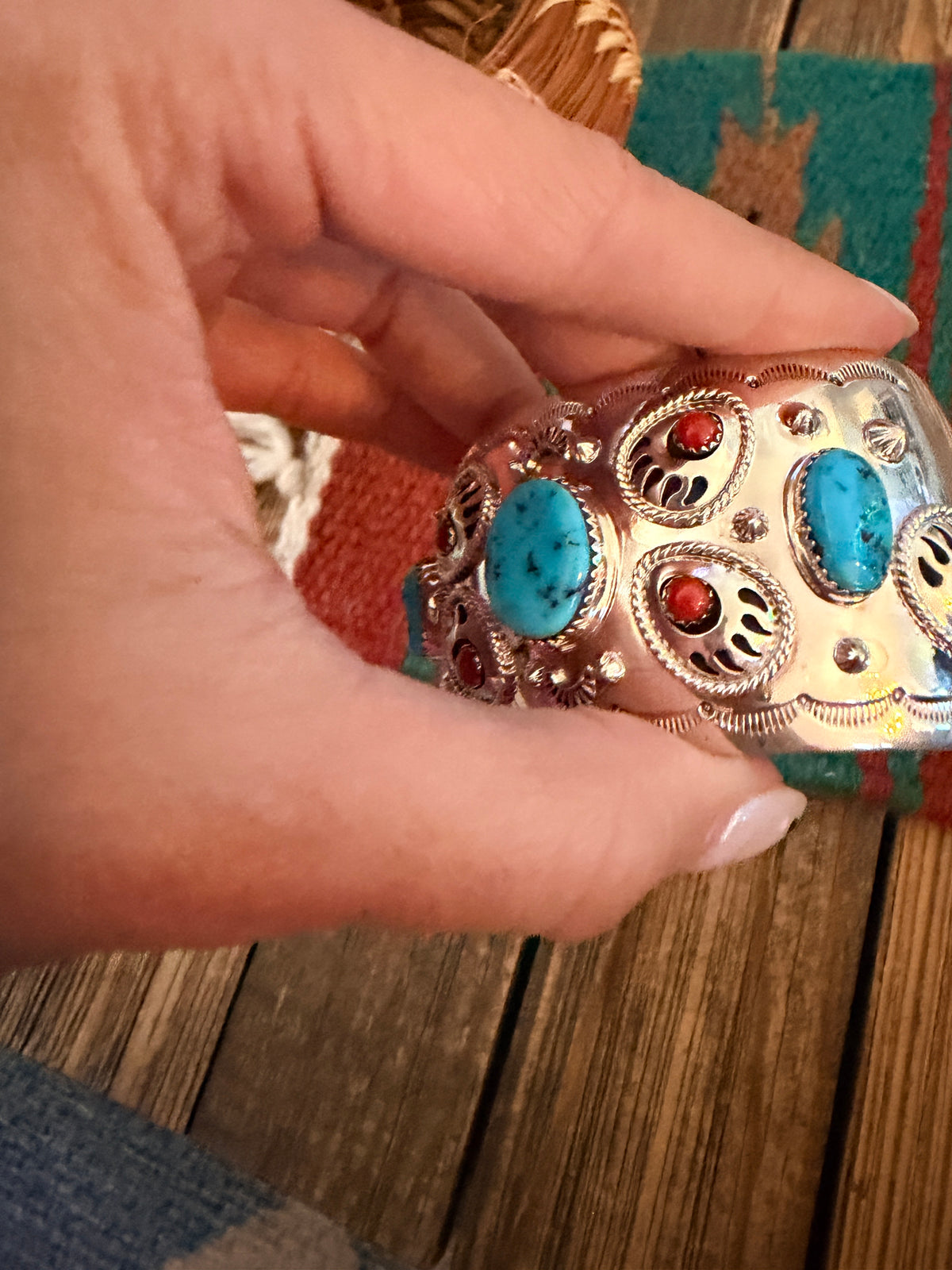 Handcrafted Old Pawn Turquoise, Coral & Sterling Silver Bear Paw Cuff Bracelet
