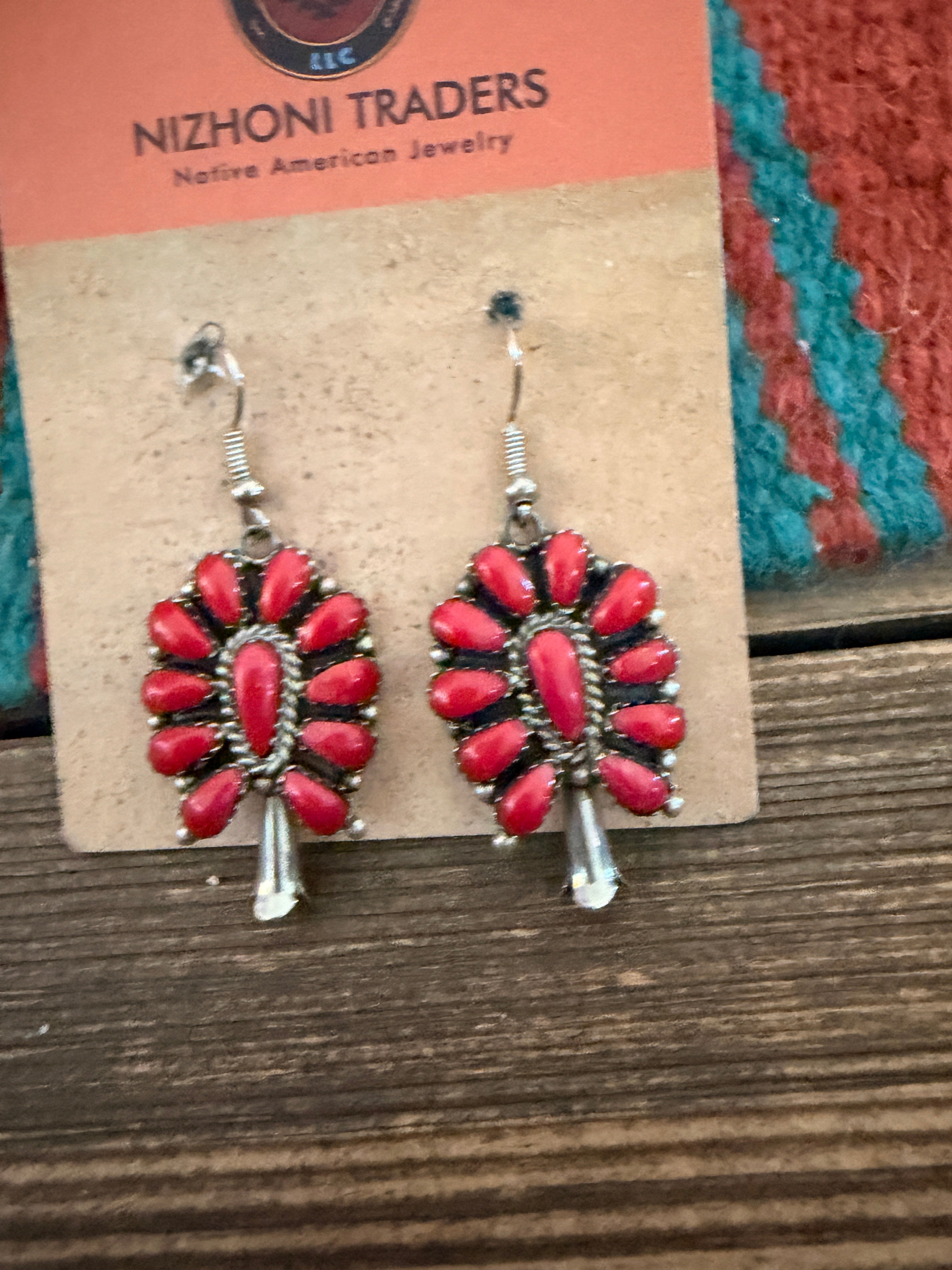 Handcrafted Old Pawn Sterling Silver & Coral Cluster Dangle Earrings