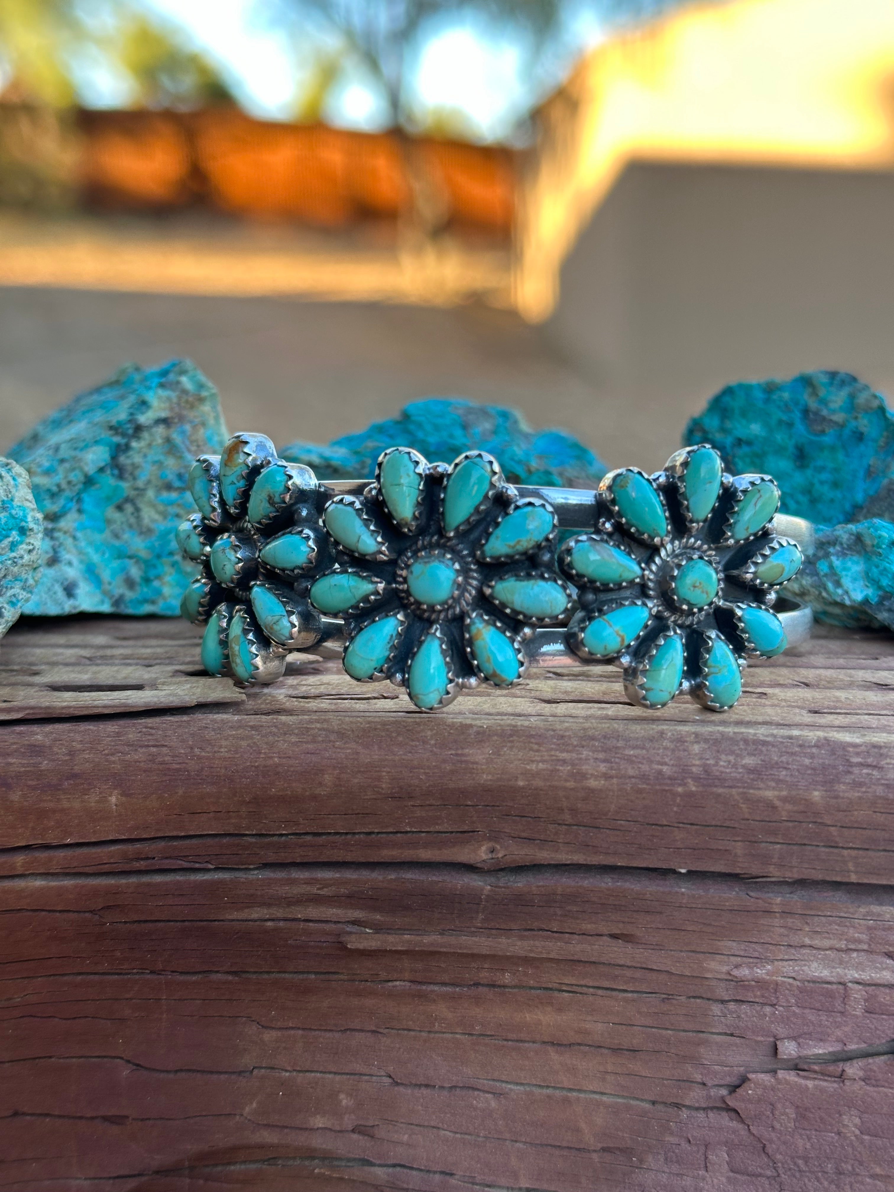 Handmade Sterling Silver & Royston Flower Turquoise Cluster Cuff Bracelet