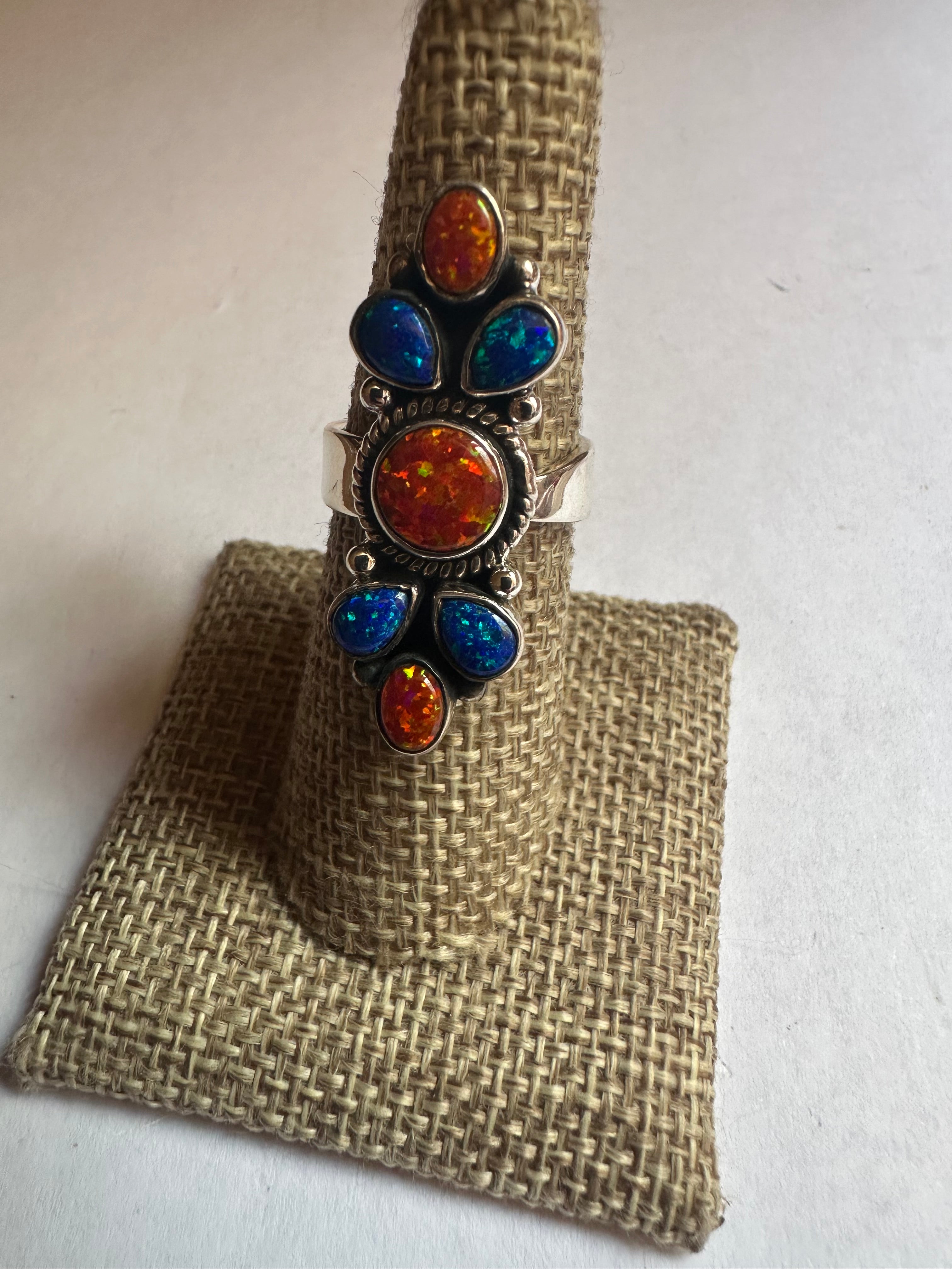 Handmade Blue & Orange Fire Opal And Sterling Silver Adjustable Ring