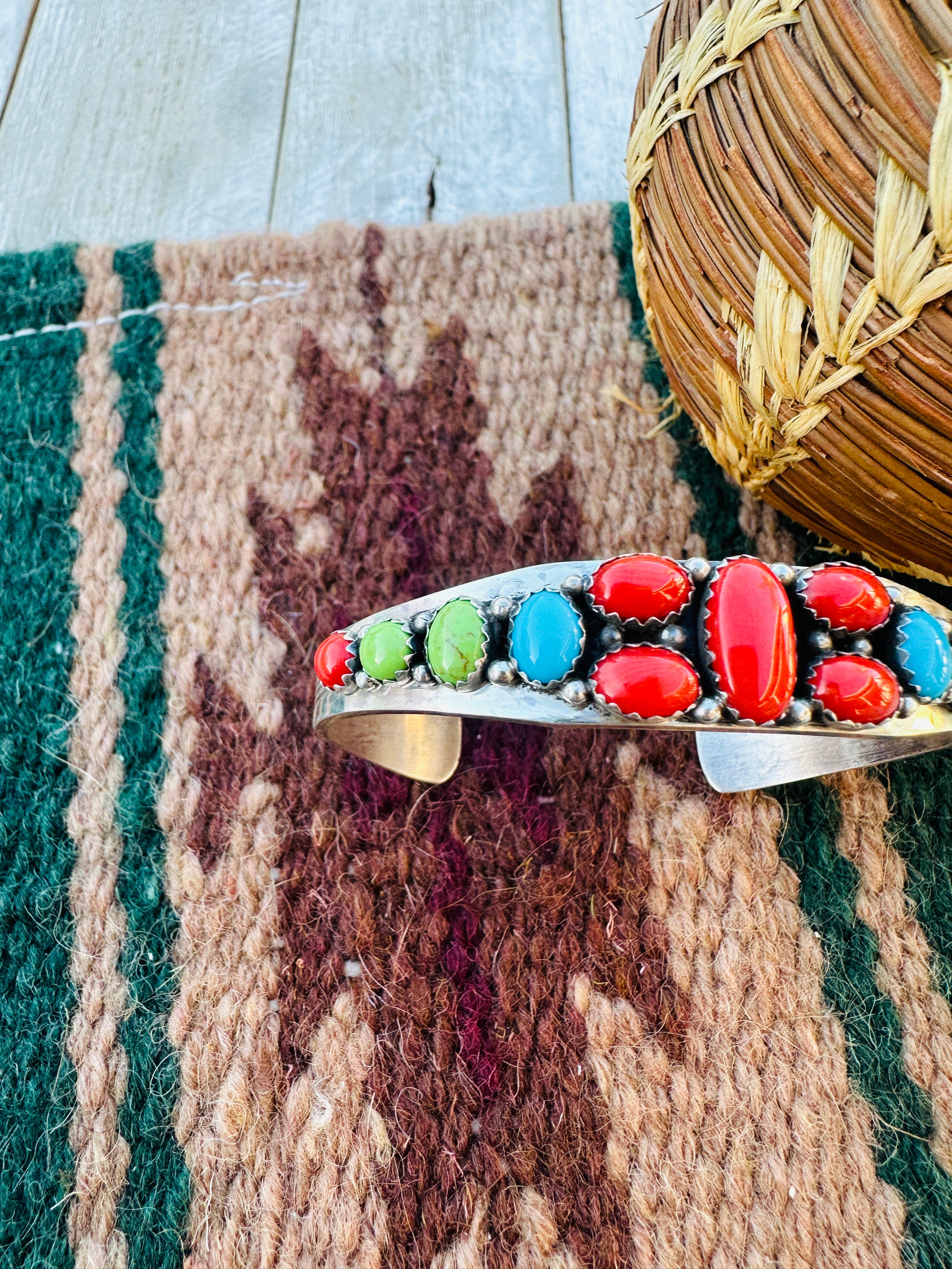 Handcrafted Old Pawn Sterling Silver & Multi Stone Cuff Bracelet by Daniel Mike