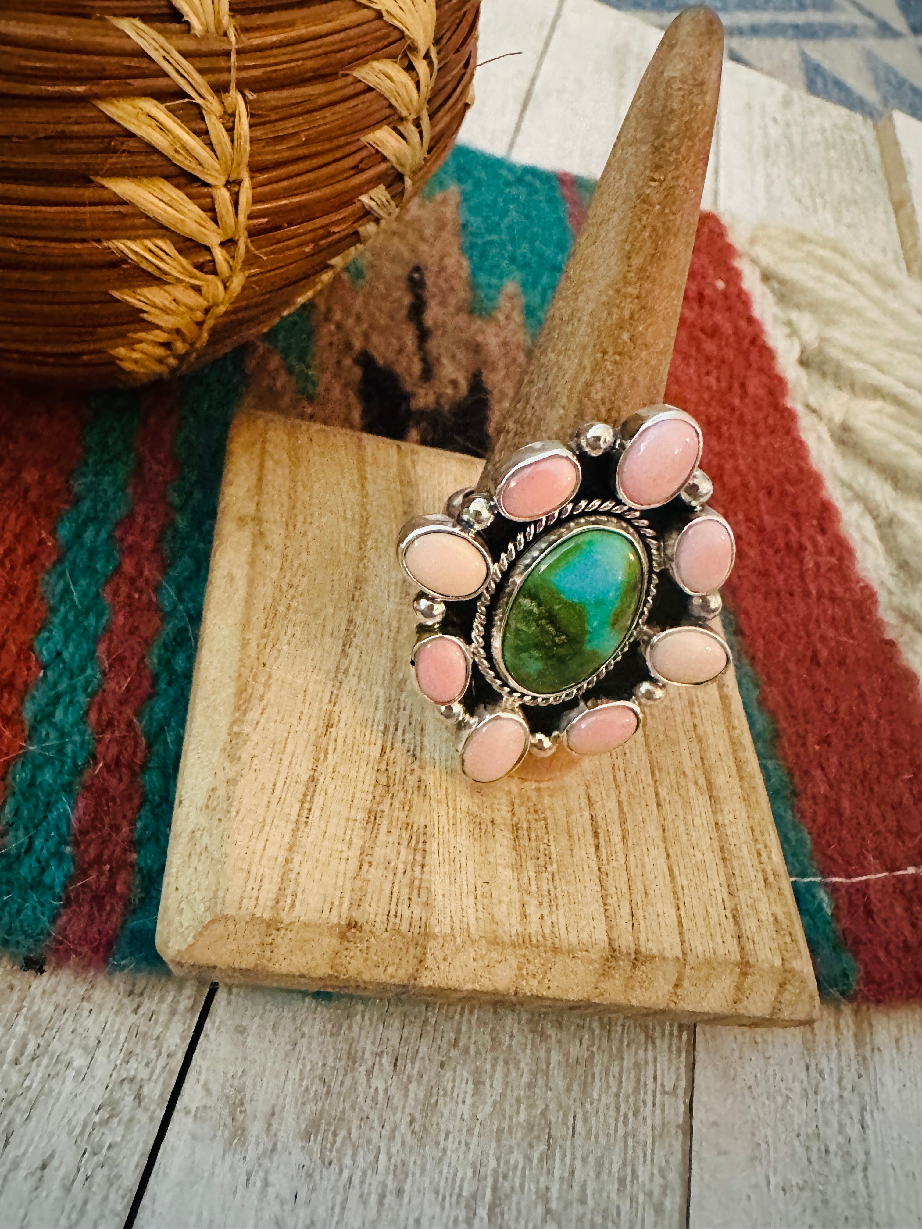 Navajo Sterling Silver, Queen Pink Conch & Turquoise Cluster Adjustable Ring