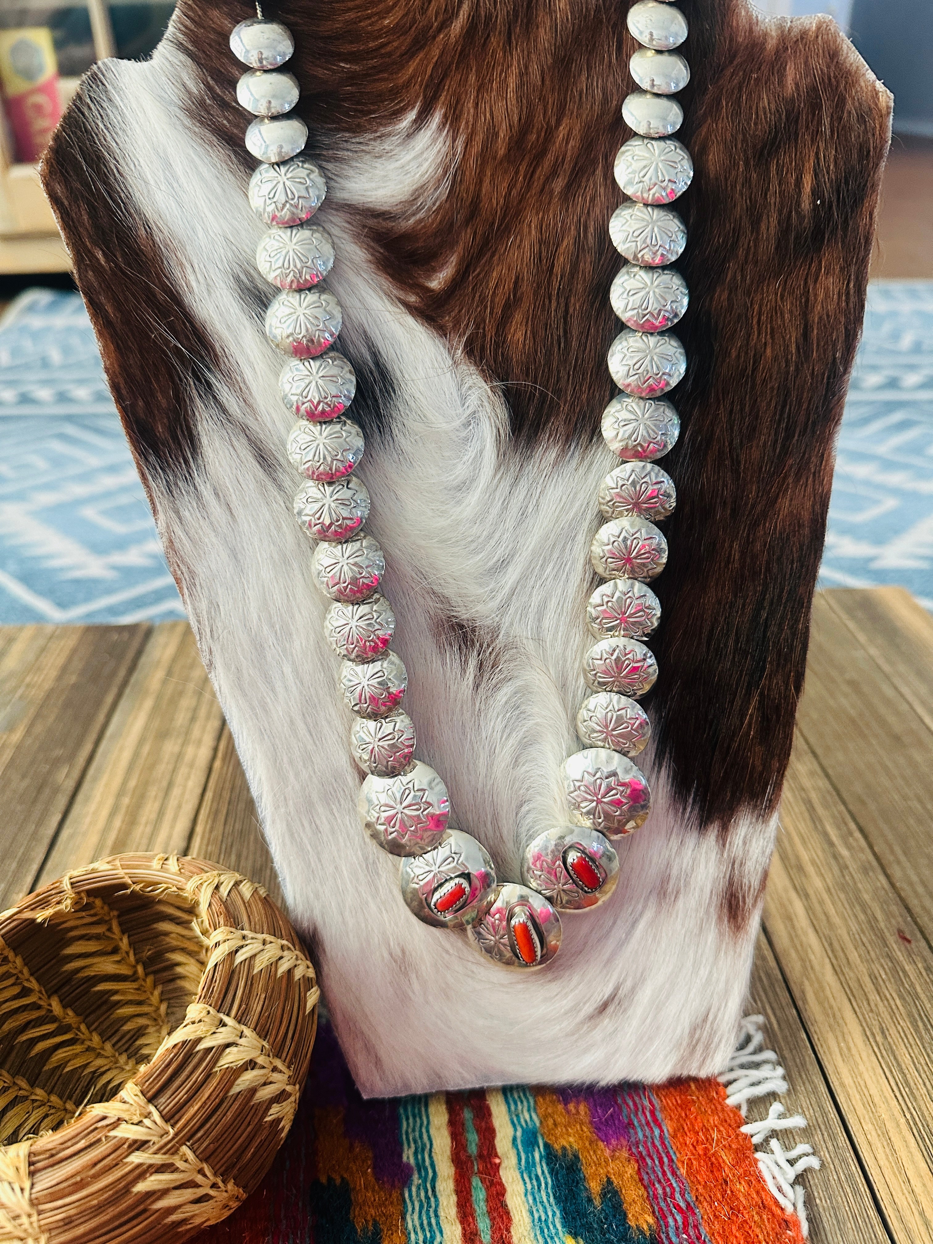 Old Pawn Handcrafted Turquoise, Coral & Sterling Silver Pillow Bead Reversible Necklace