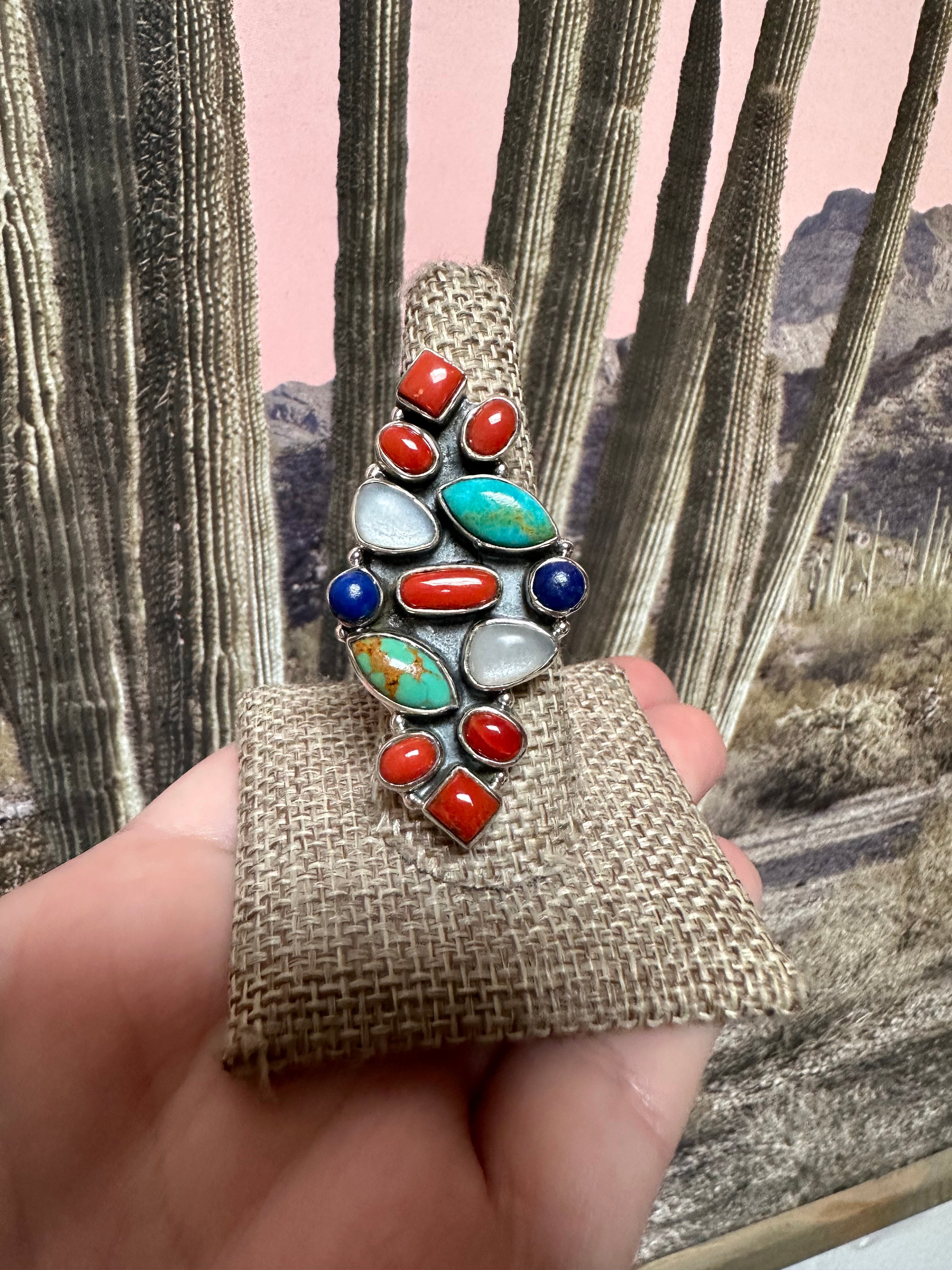 Beautiful Handmade Mother of Pearl, Turquoise, Coral, Lapis And Sterling Silver Adjustable Ring