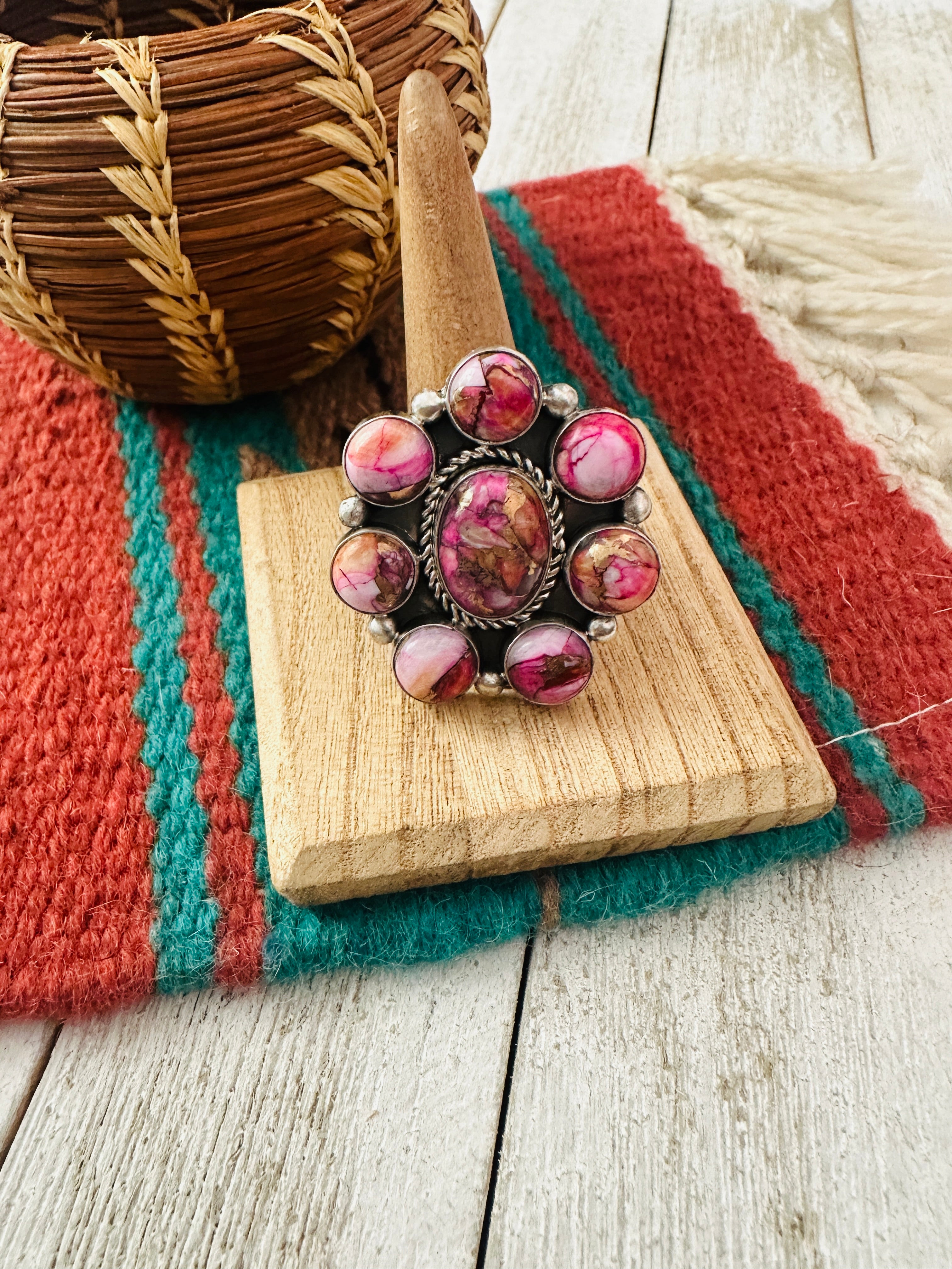 Navajo Pink Mojave  & Sterling Silver Cluster Adjustable Ring