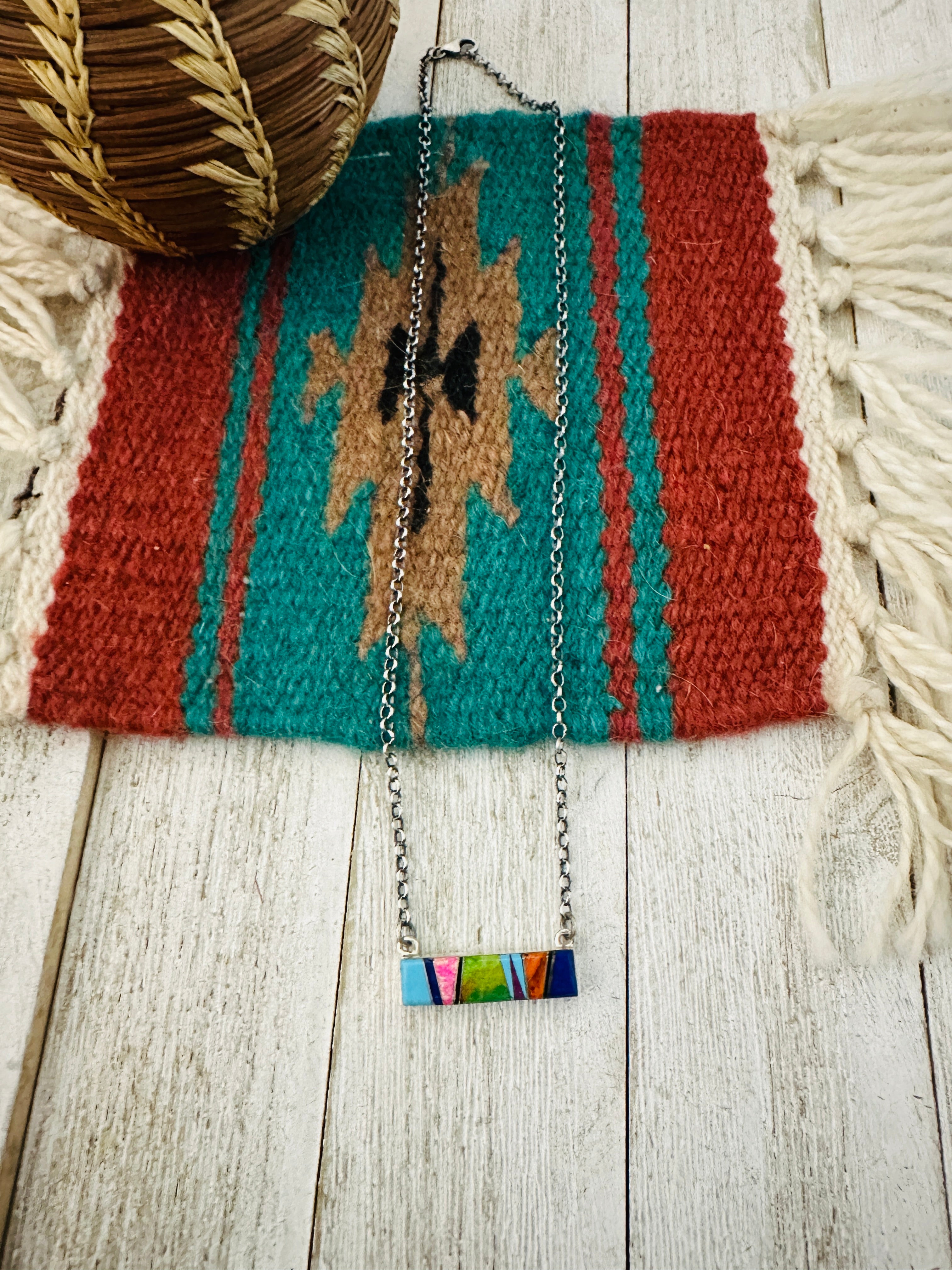 Navajo Multi Stone & Sterling Silver Inlay Bar Necklace