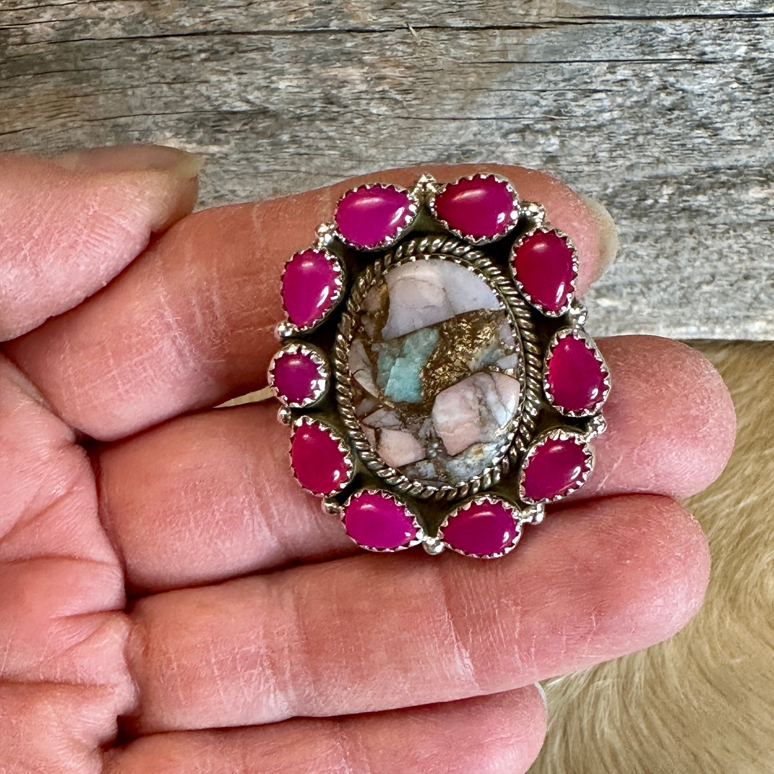 Handmade Pink Opal MultiStone Sterling Silver Adjustable Ring