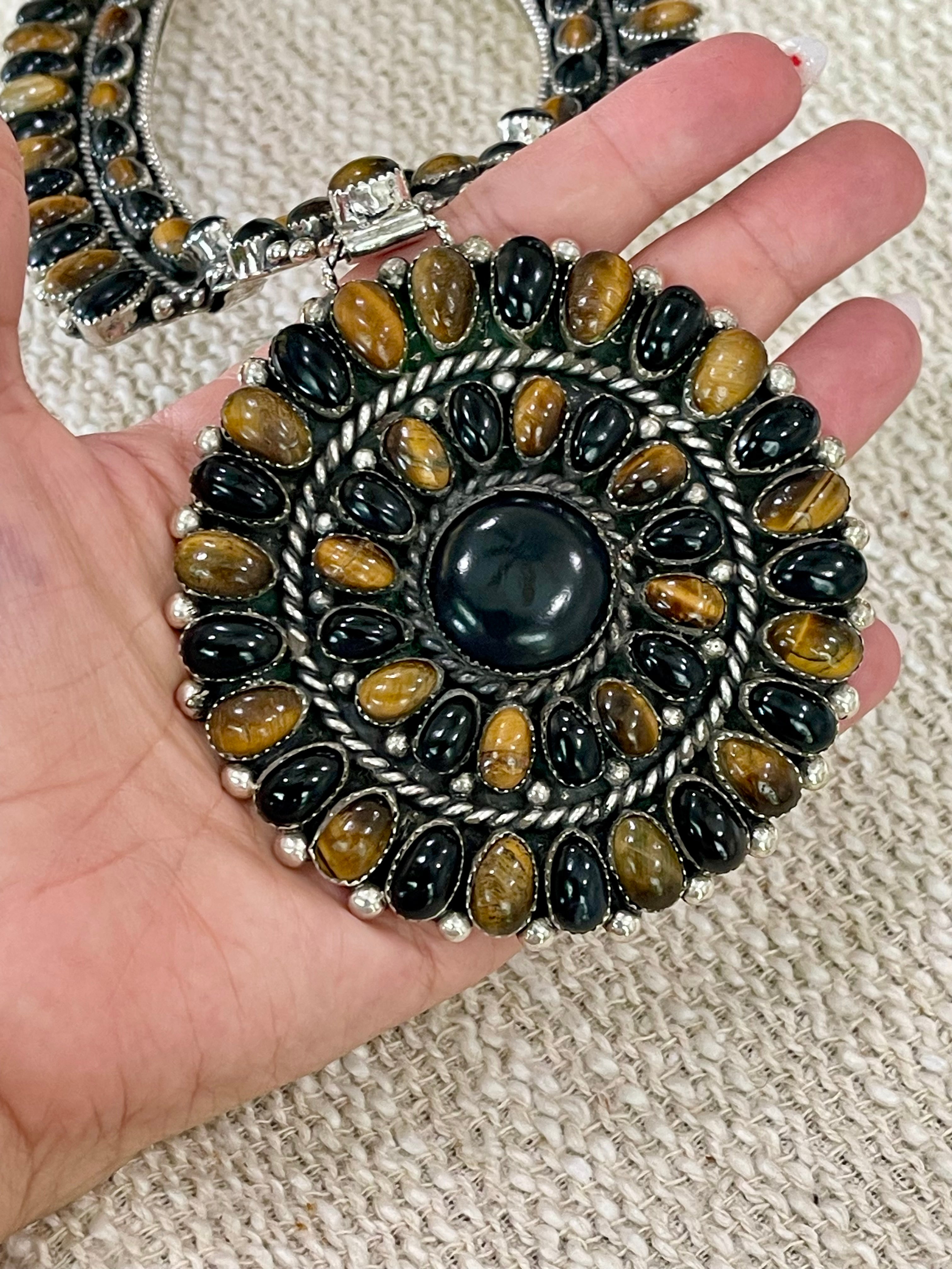 Beautiful Handmade Sterling Silver, Onyx & Tiger’s Eye Cluster Necklace And Earring Set