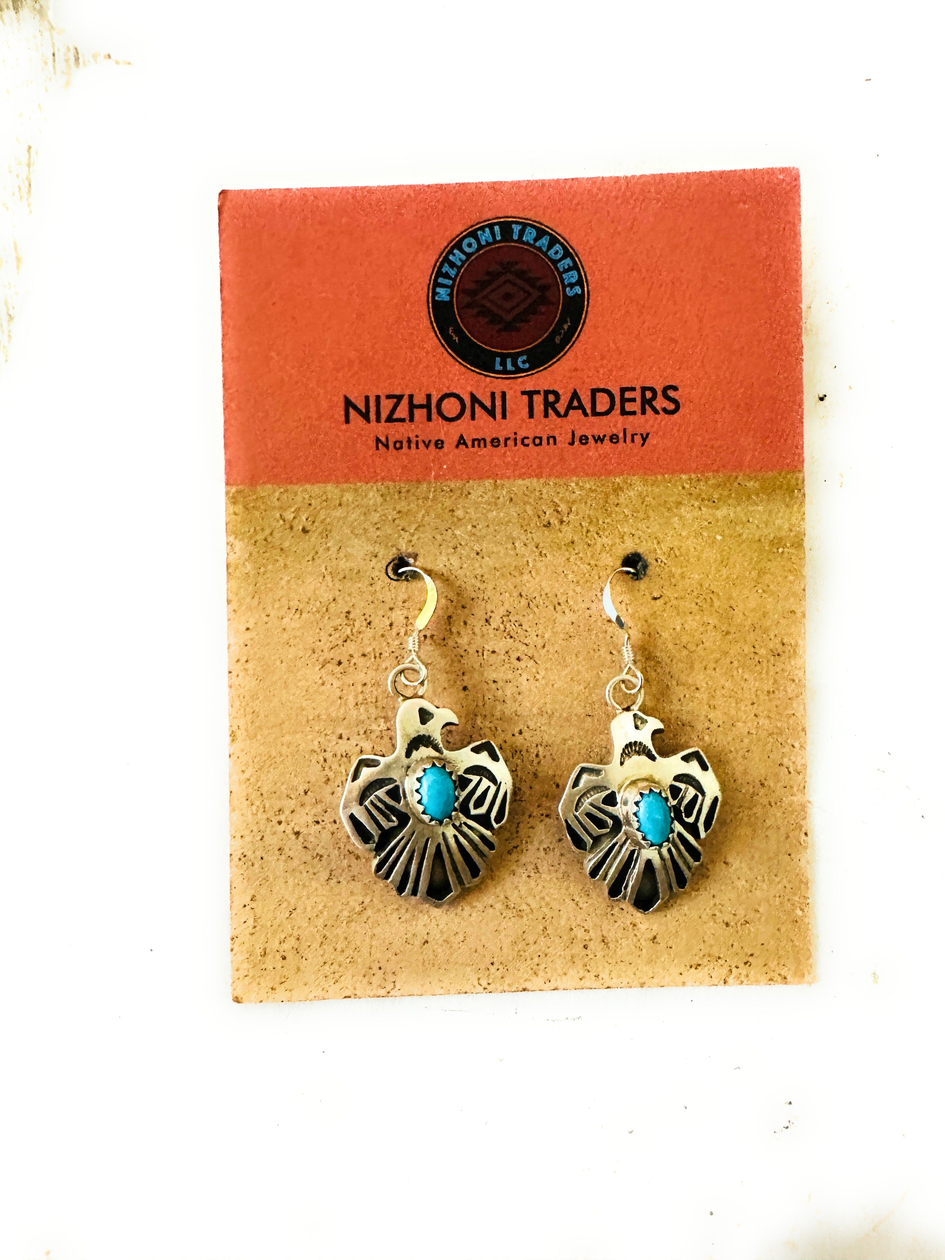 Navajo Sterling Silver & Turquoise Thunderbird Dangle Earrings