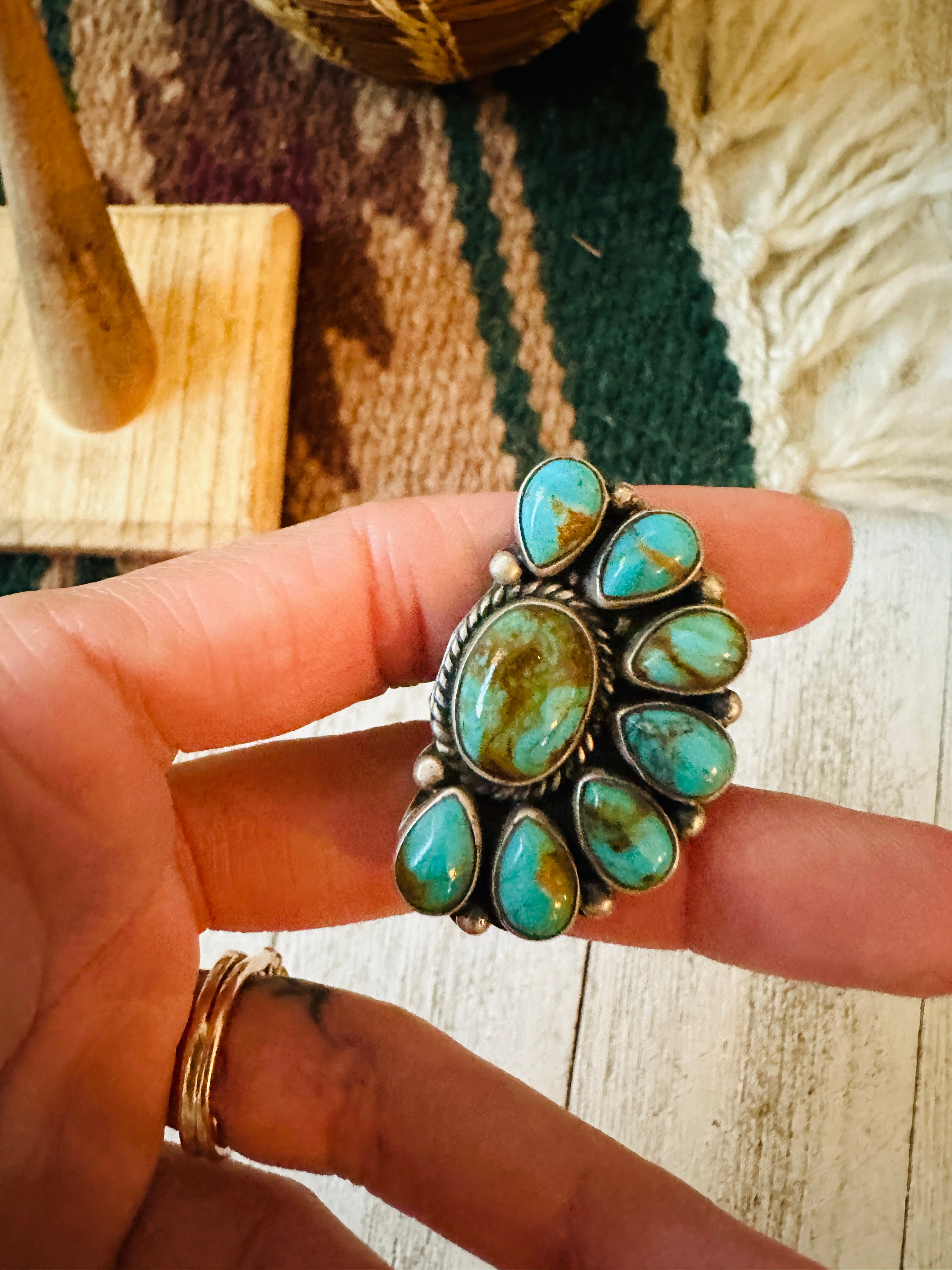 Navajo Turquoise & Sterling Silver Cluster Adjustable Ring