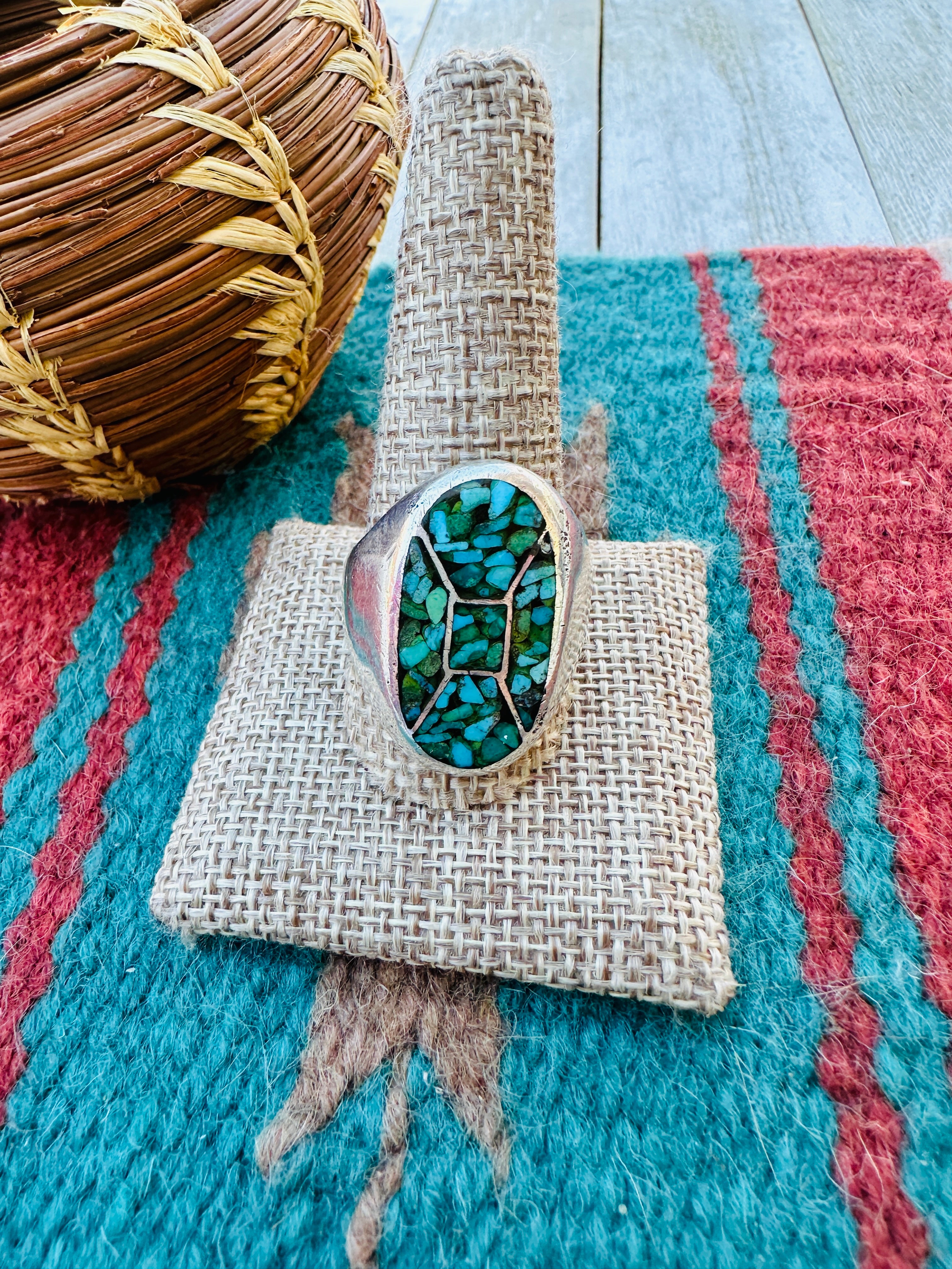 Old Pawn Handcrafted Kingman Turquoise & Sterling Silver Cigar Band Ring Size 11.75