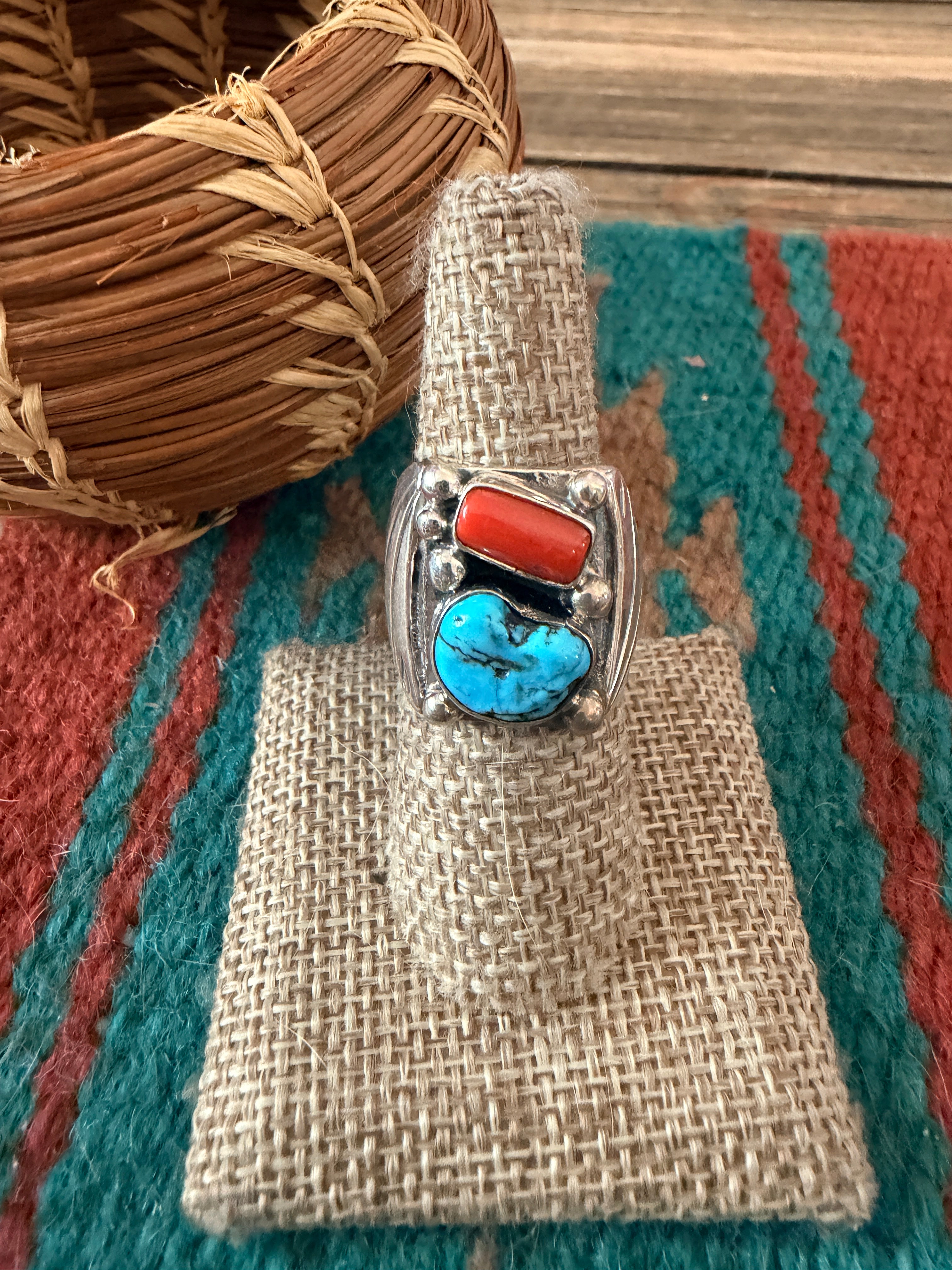 Handcrafted Turquoise, Coral & Sterling Silver Ring