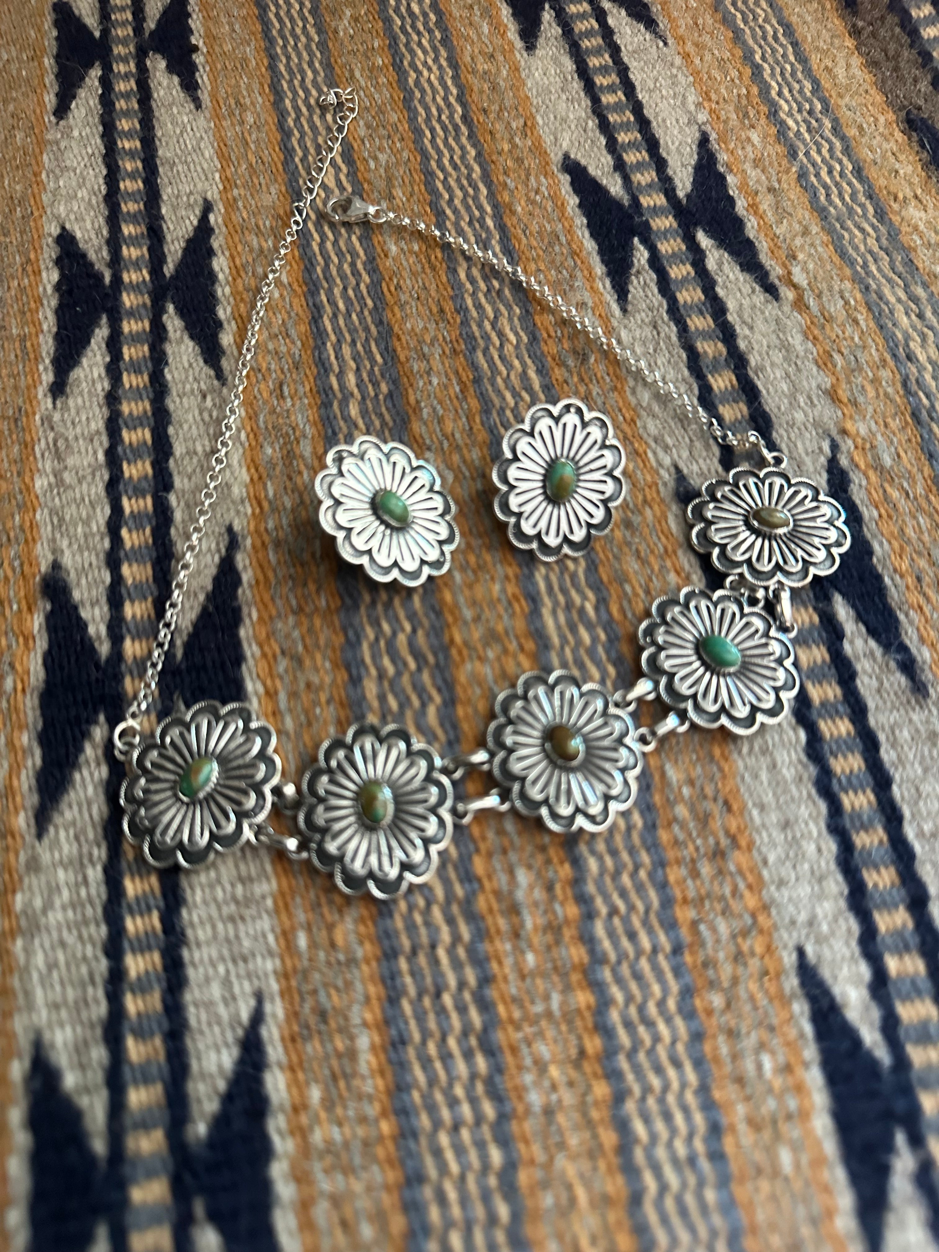 Handmade Sterling Silver & Turquoise Flower Necklace Set