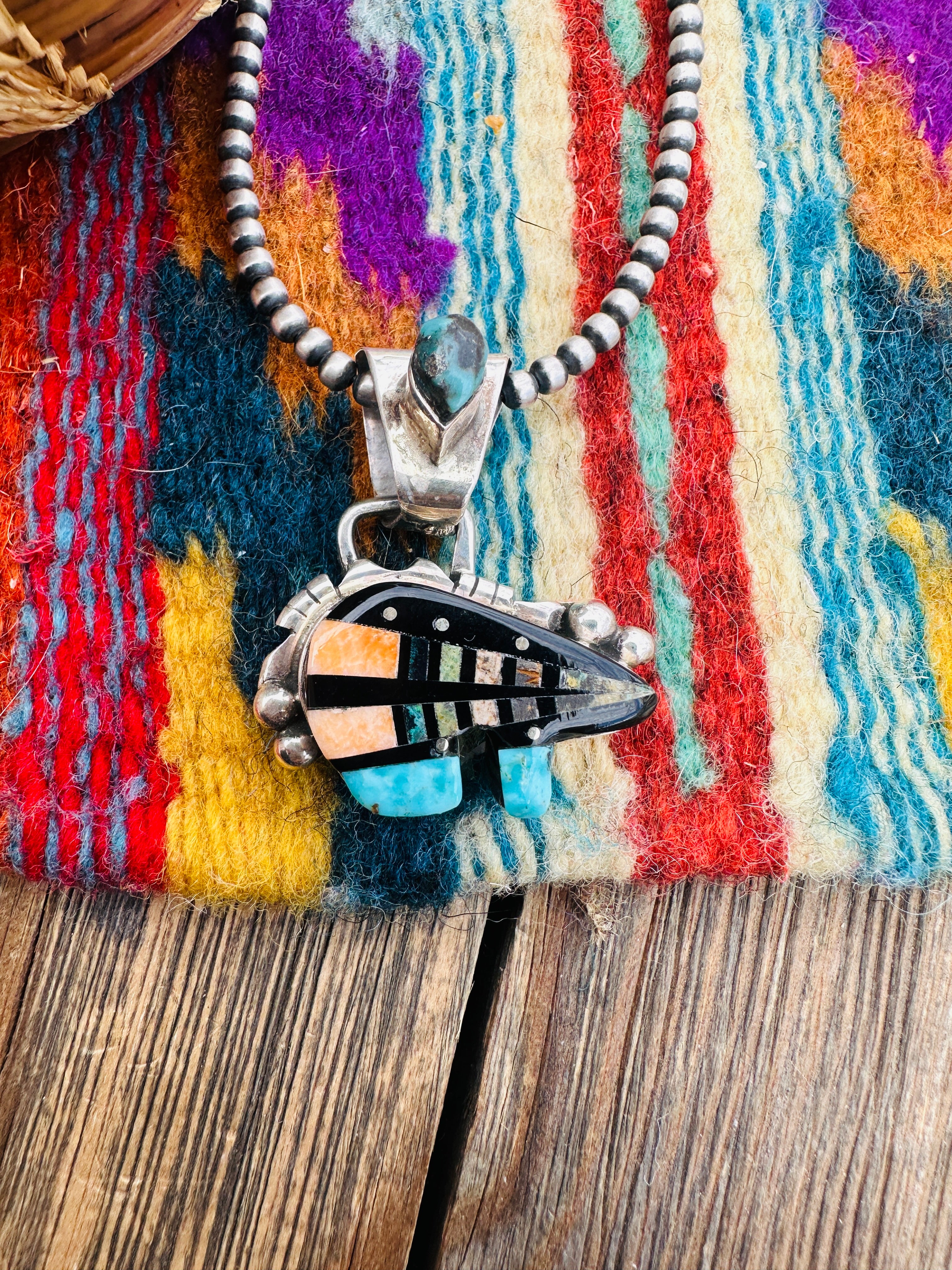 Handcrafted Sterling Silver and Multi Stone Inlay Pendant by Ray Jack