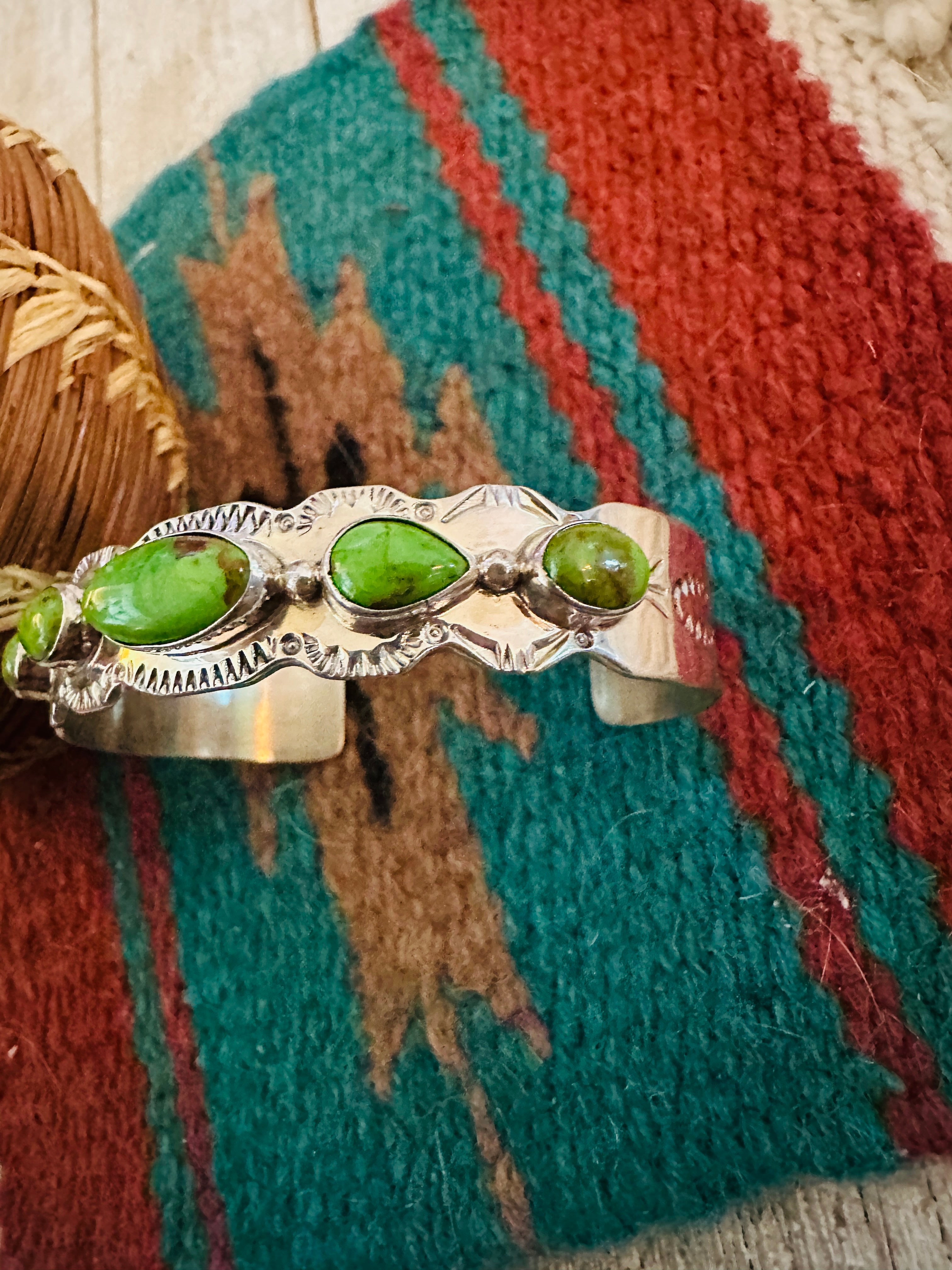 Handcrafted Green Kingman Turquoise & Sterling Silver Cuff Bracelet