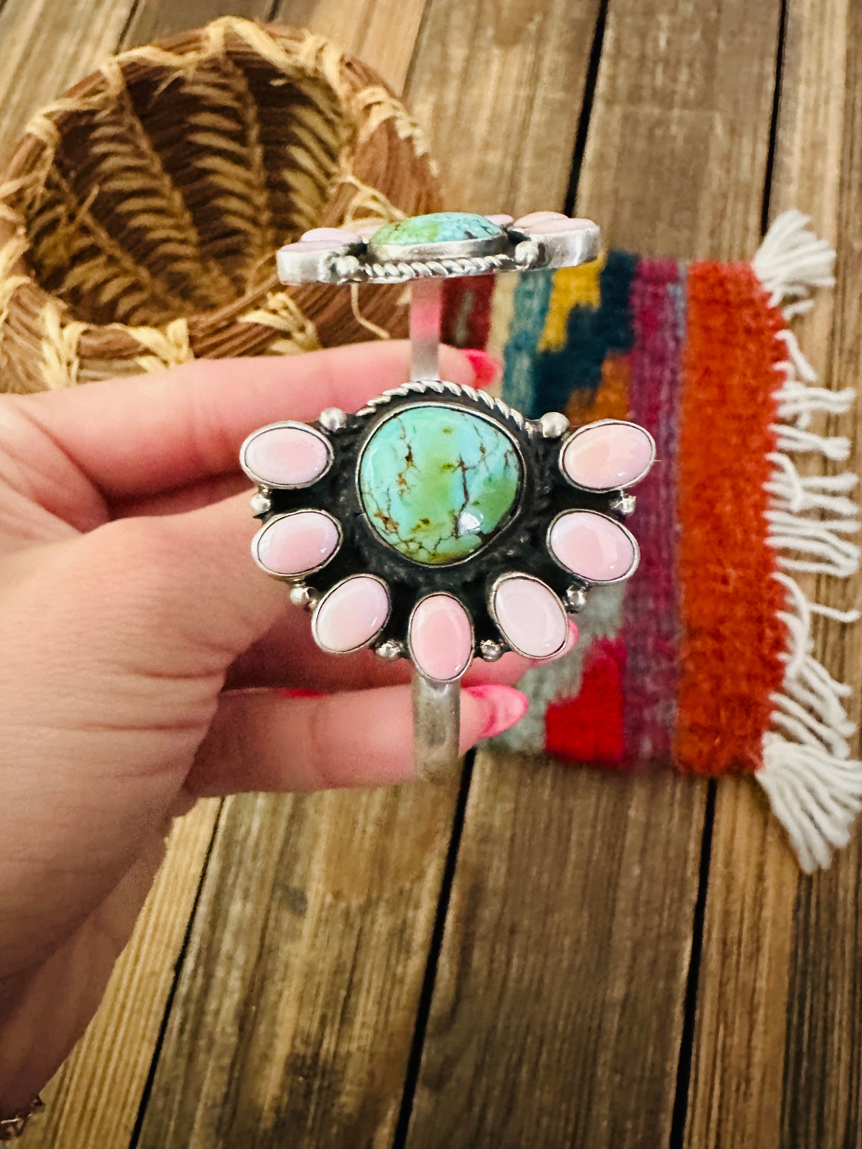 Handcrafted Queen Pink Conch, Turquoise & Sterling Silver Floating Cuff Bracelet by Geraldine James