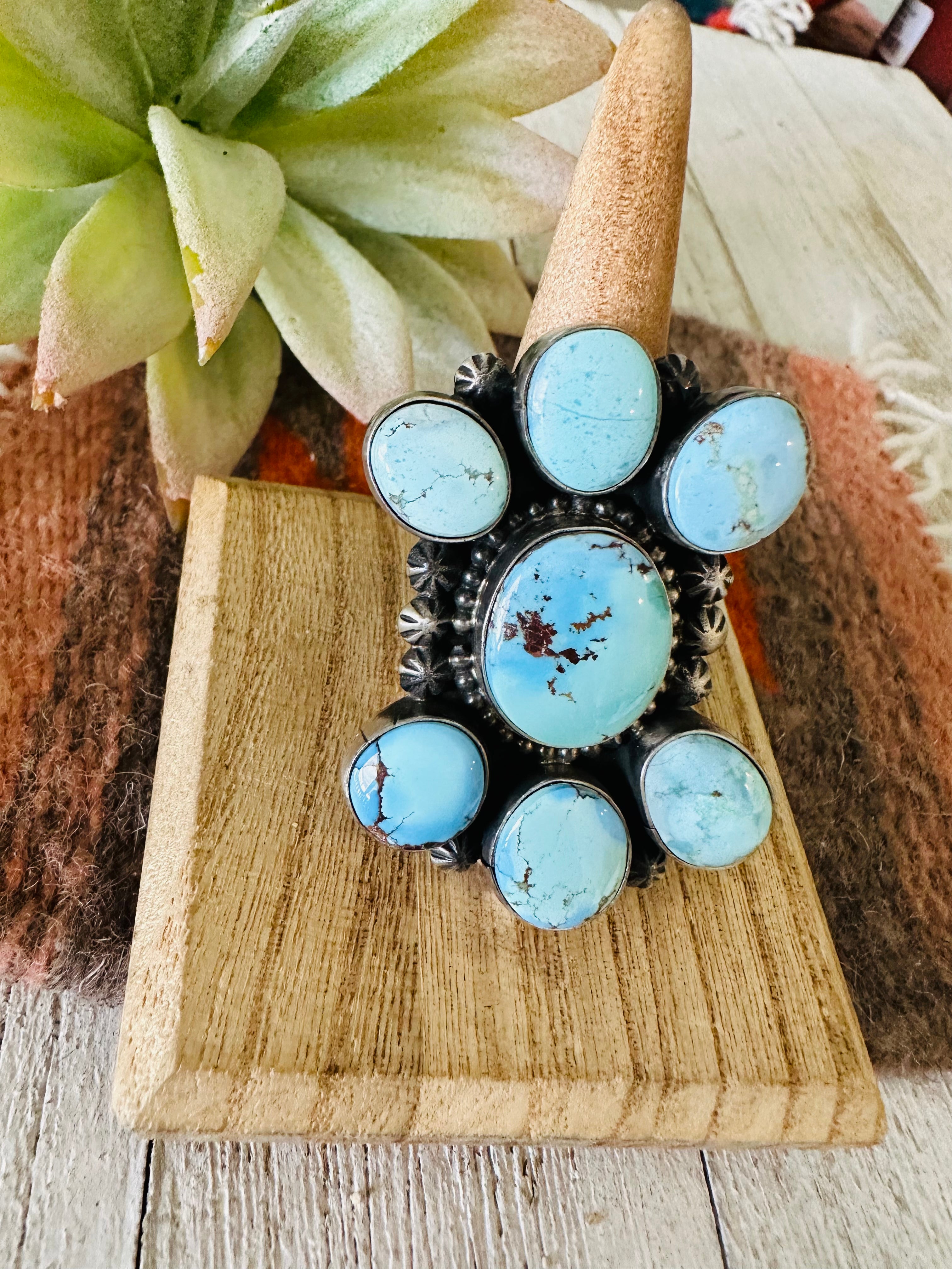 Navajo Golden Hills Turquoise & Sterling Silver Cluster Ring Size 10.5