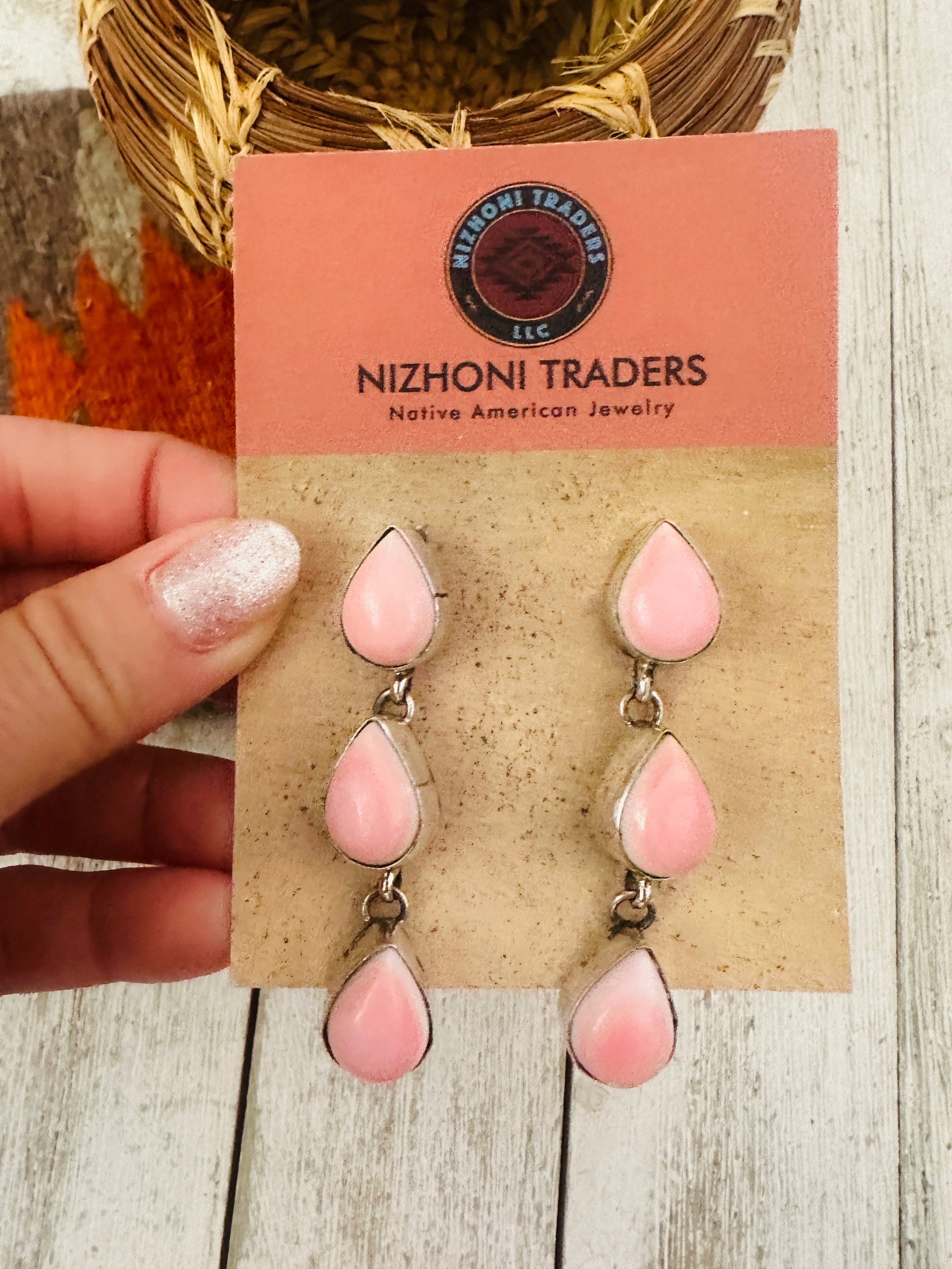 Navajo Queen Pink Conch & Sterling Silver Dangle Earrings