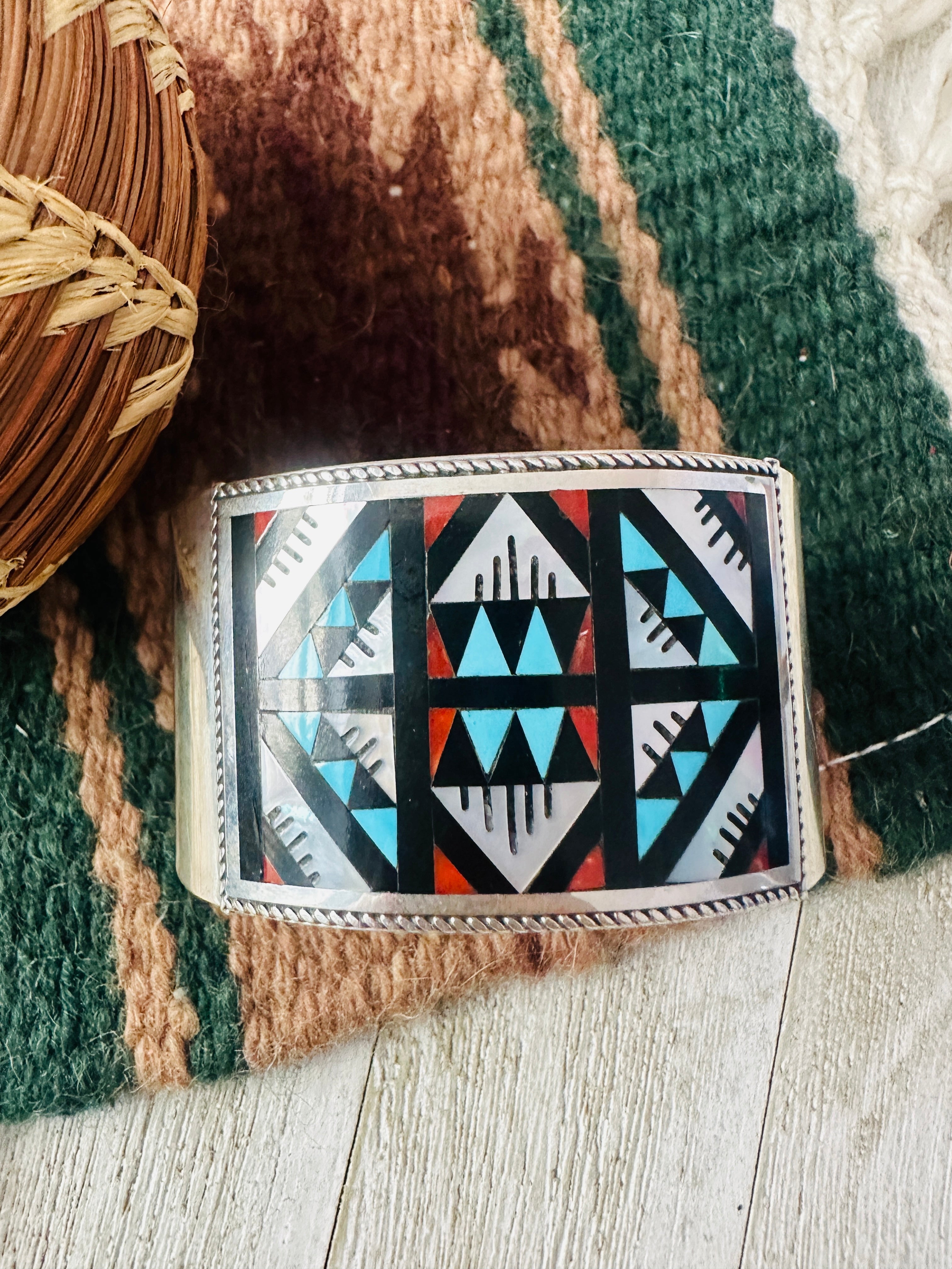 Handcrafted Old Pawn Multi Stone & Sterling Silver Inlay Cuff Bracelet