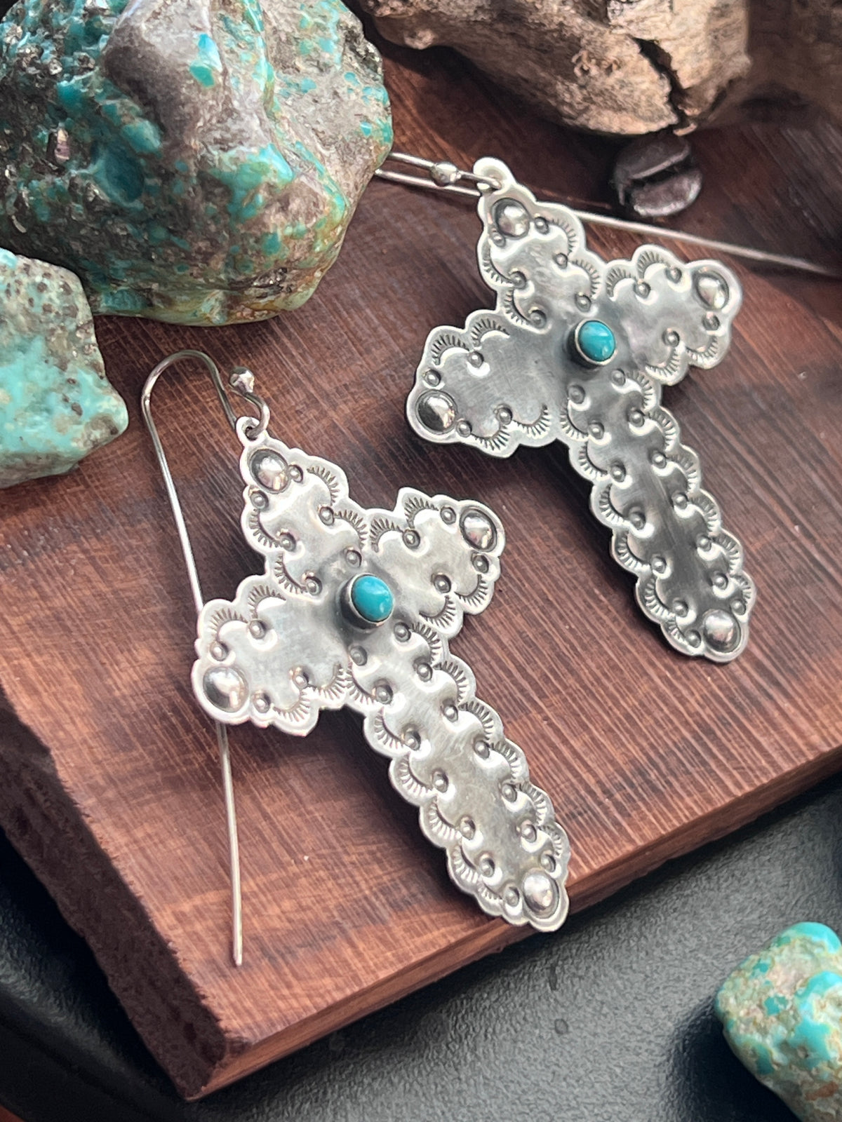 Hand Stamped Scalloped Sterling Silver Cross Dangle Earrings with Kingman Turquoise by Kimari Somers