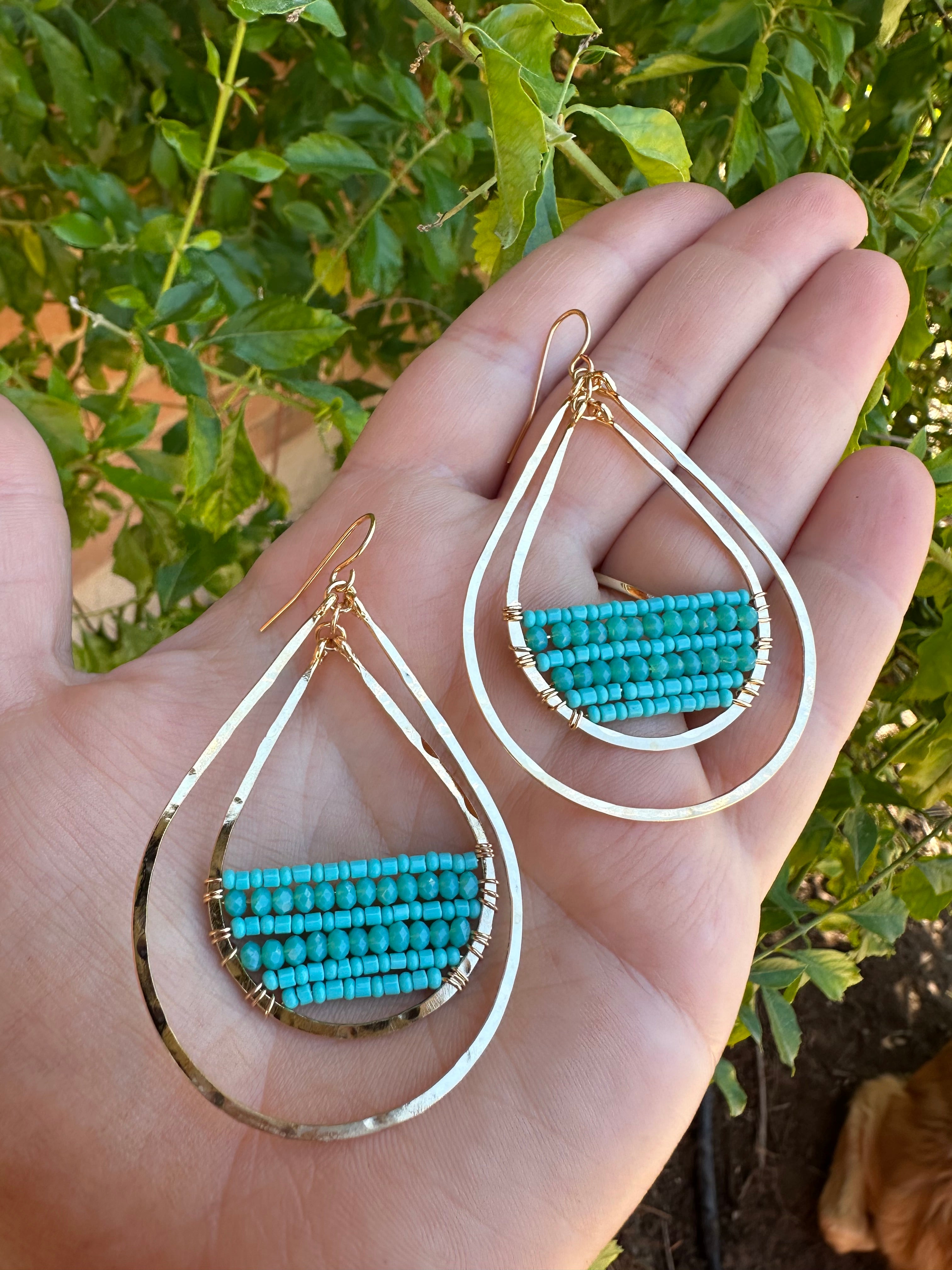 “The Golden Collection” Goldie Double Hoop Handmade Turquoise Beaded & 14k Gold Plated Earrings