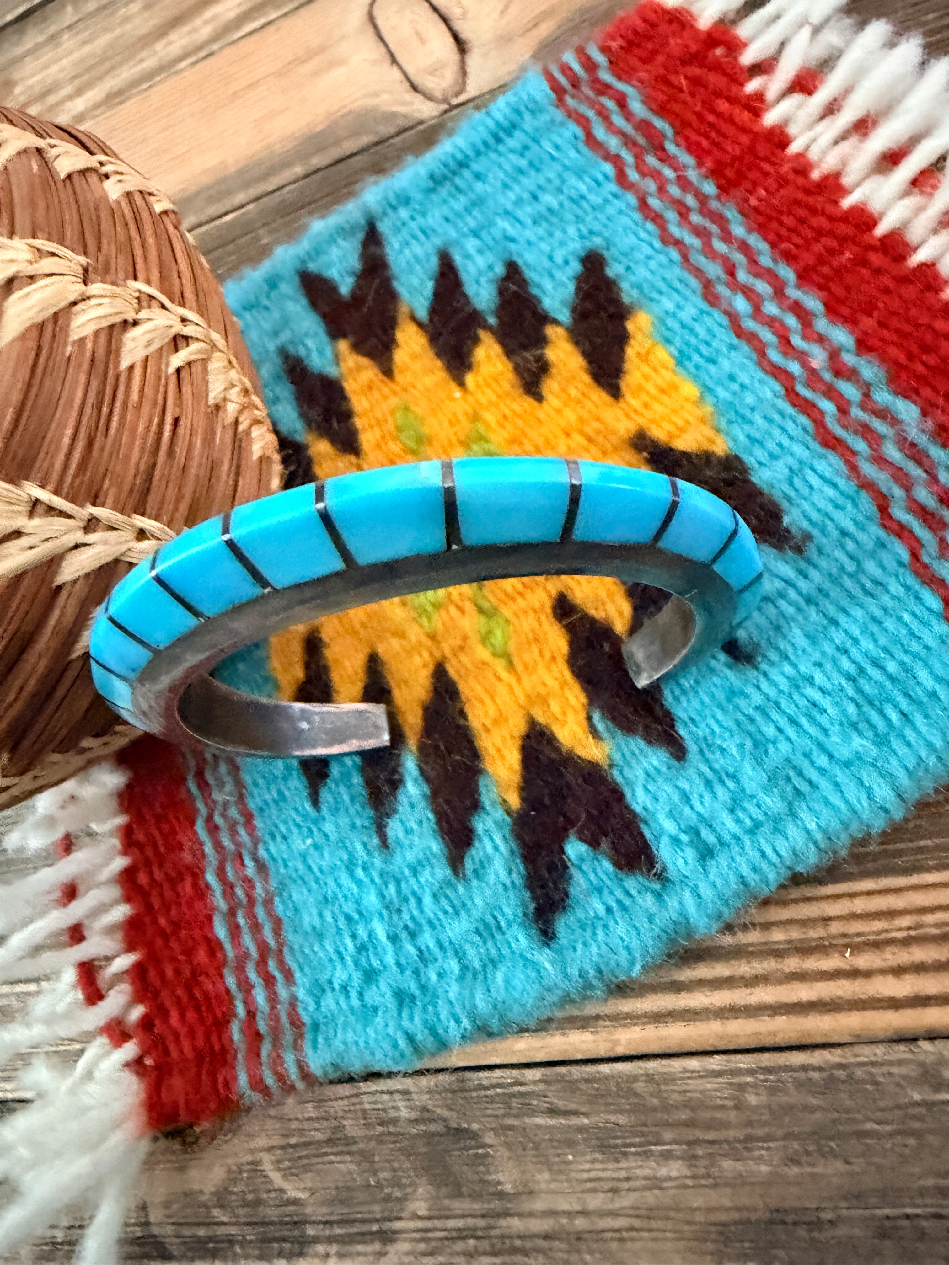 Handcrafted Old Pawn Sterling Silver & Turquoise Raised Inlay Cuff Bracelet