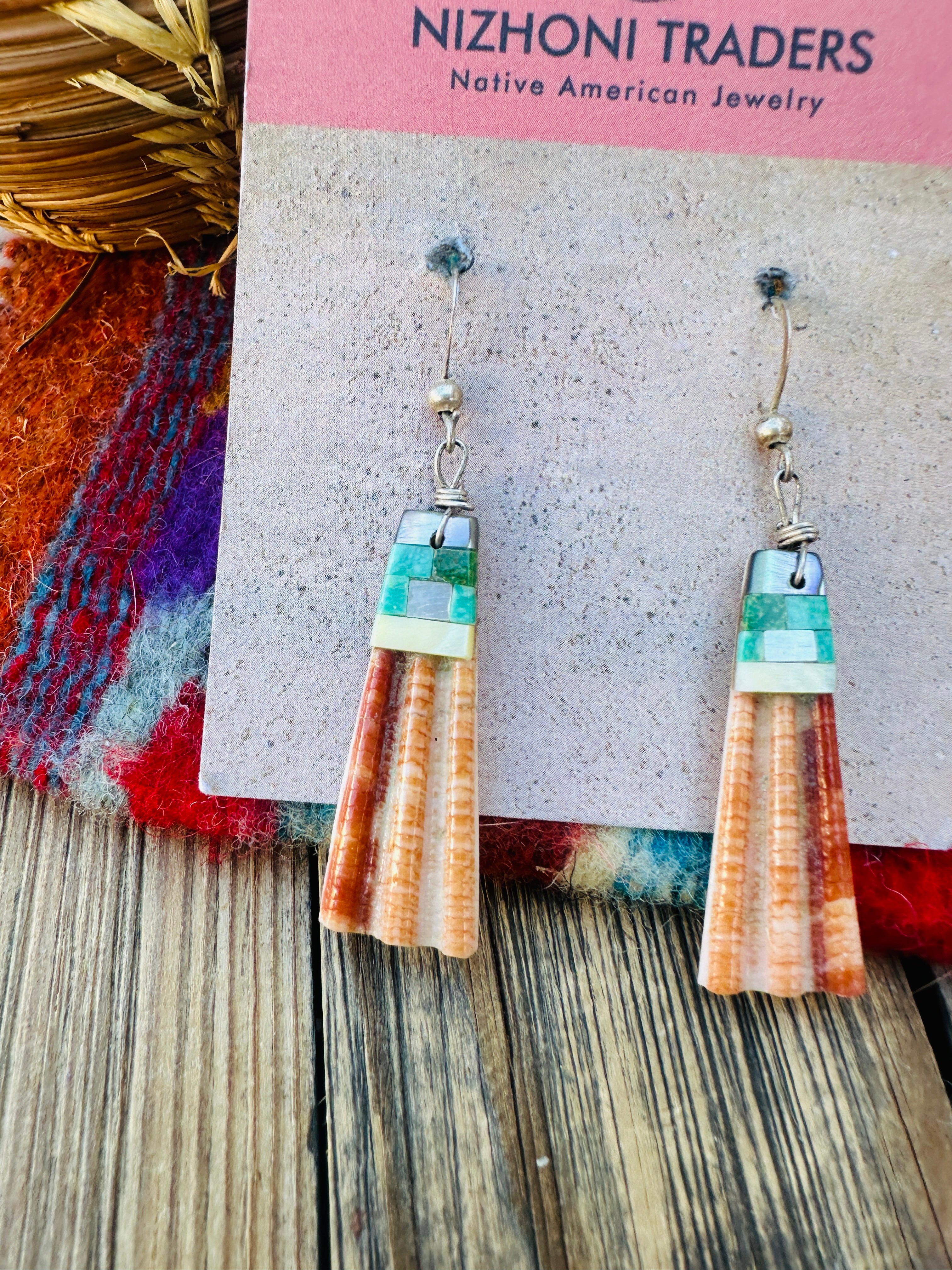 Old Pawn Handcrafted Orange Spiny & Multi Stone Inlay Dangle Earrings