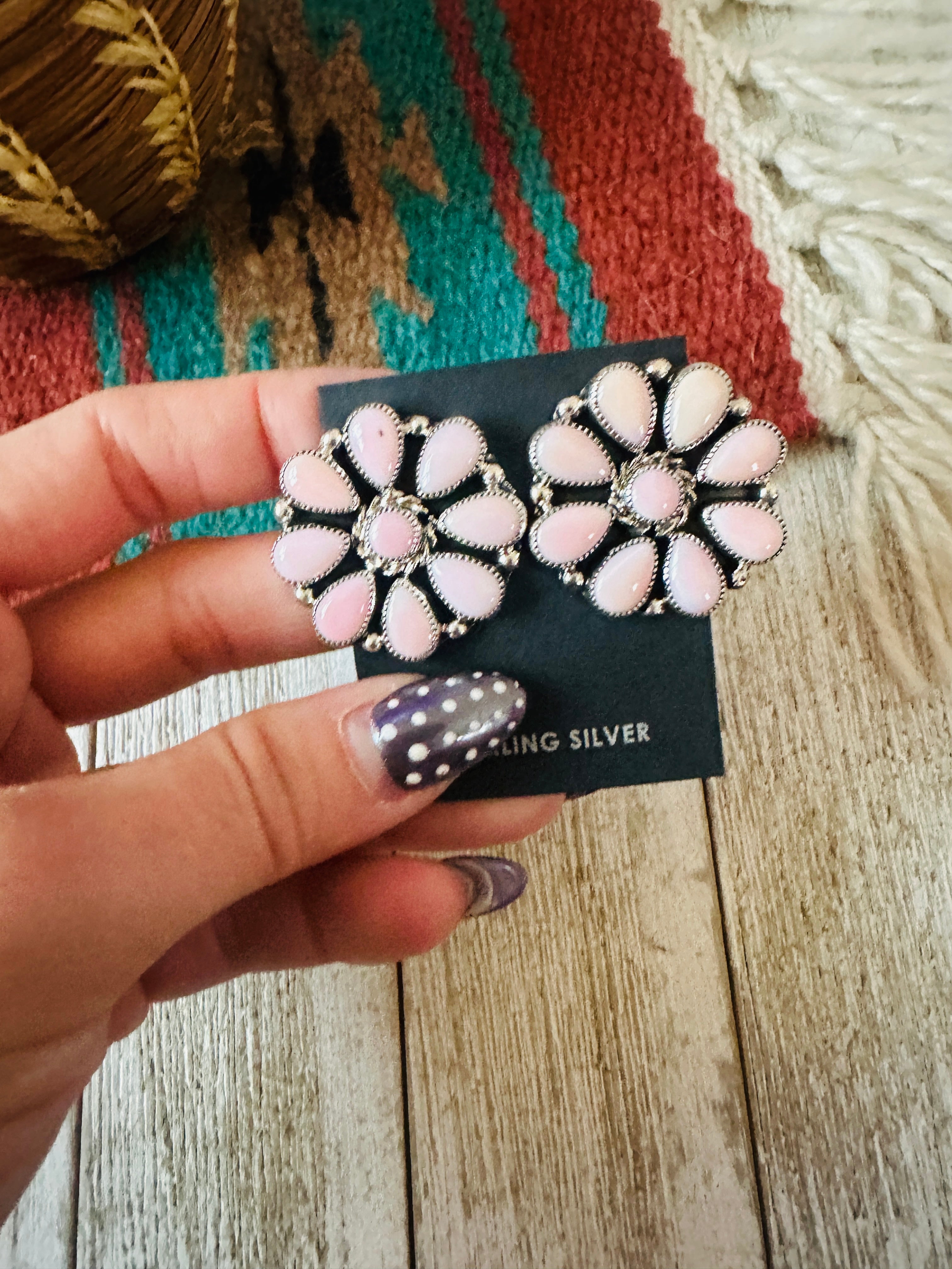 Handcrafted Queen Pink Conch & Sterling Silver Cluster Post Earrings