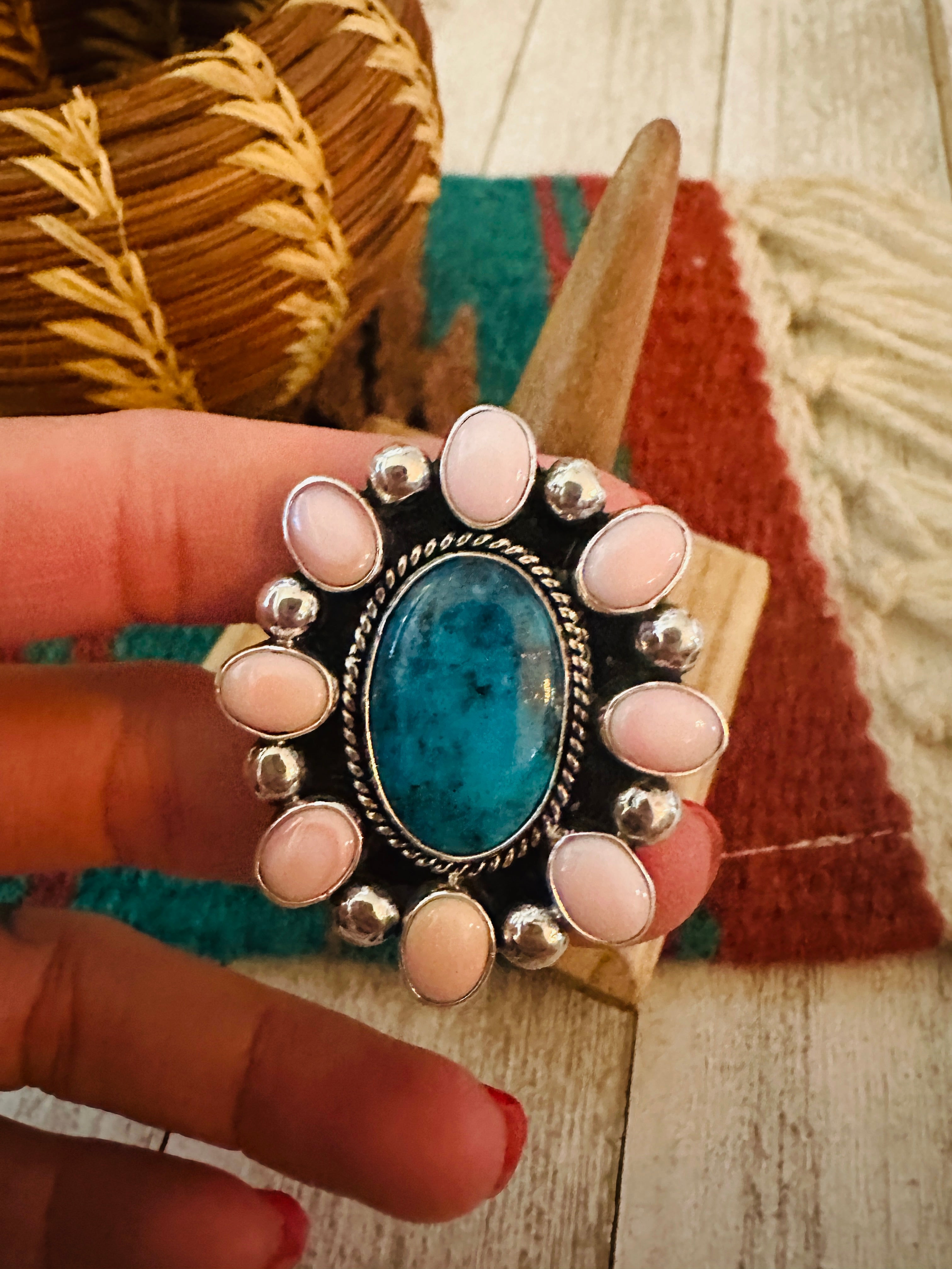 Navajo Sterling Silver, Queen Pink Conch & Turquoise Cluster Adjustable Ring