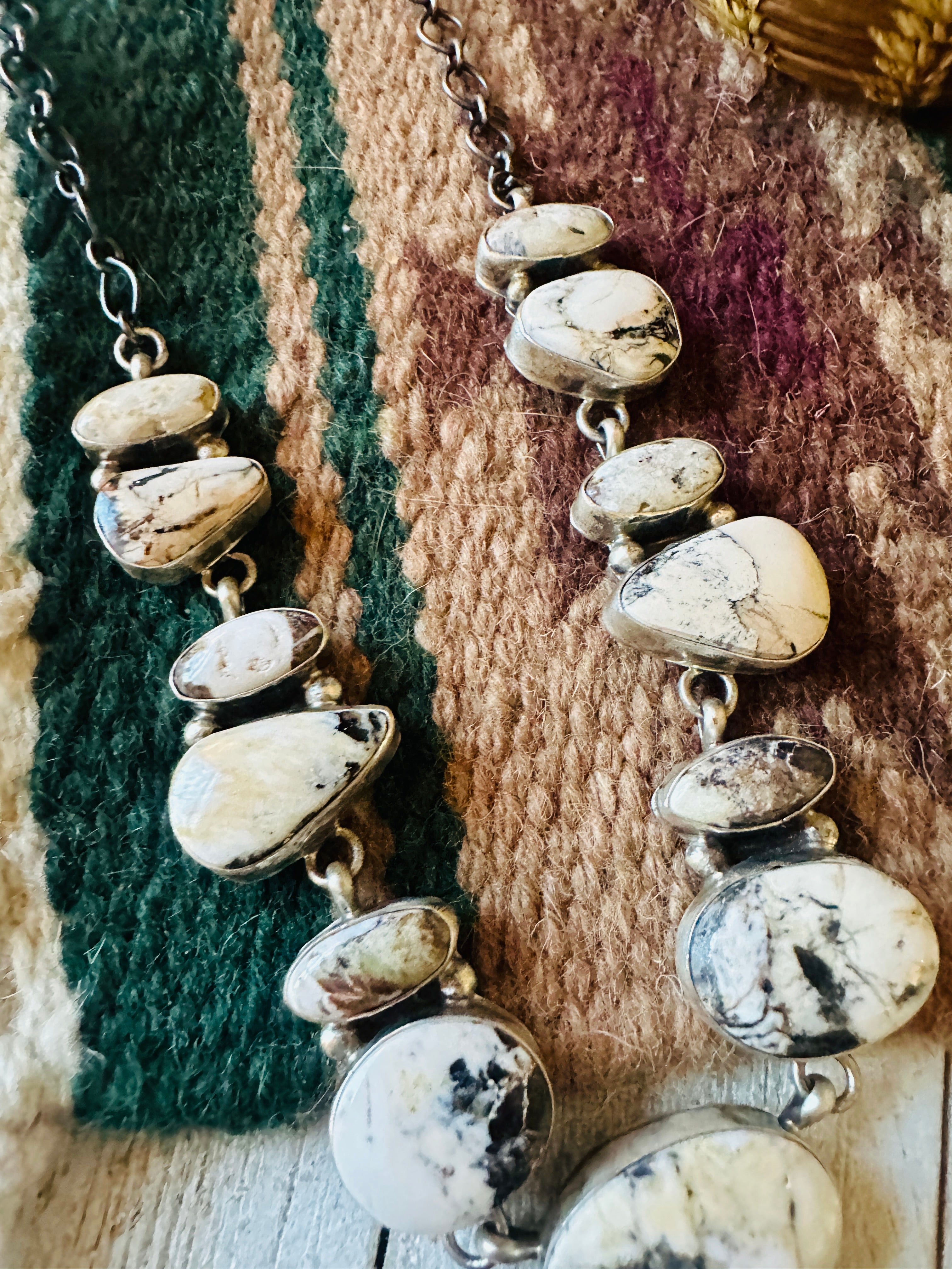 Navajo Sterling Silver & White Buffalo Necklace Set by Ella Peter