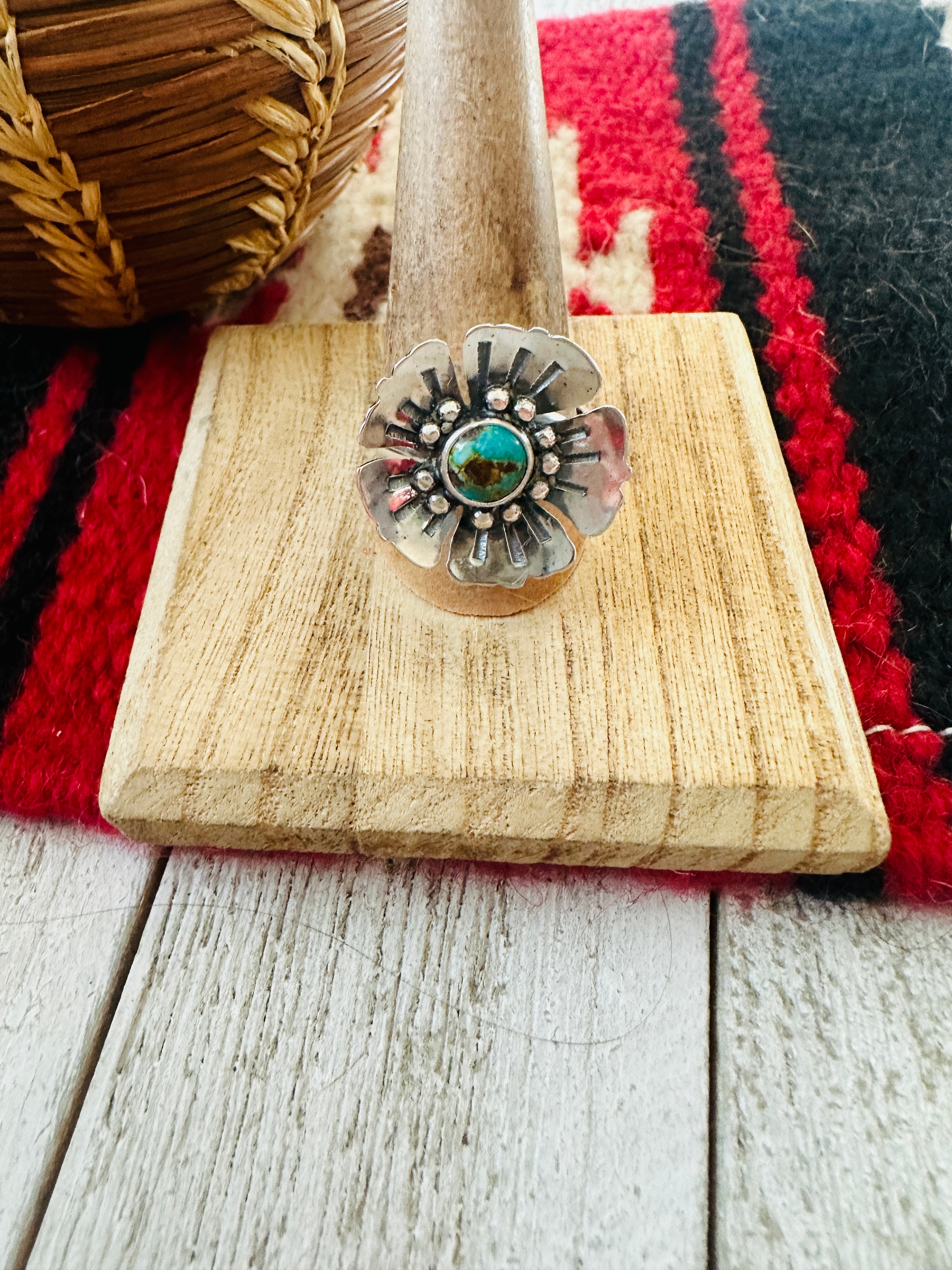 Navajo Sterling Silver & Turquoise Adjustable Flower Ring