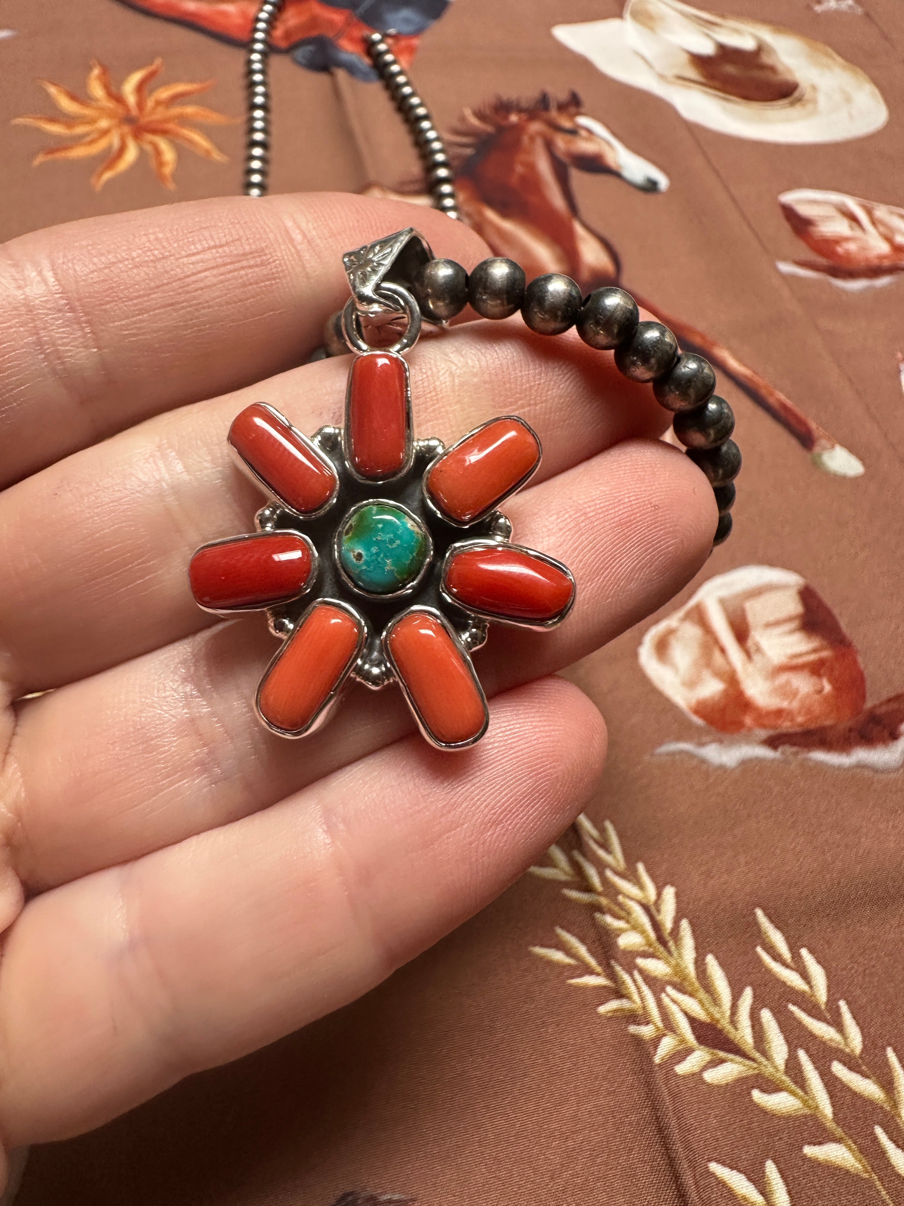 Beautiful Handmade Sterling Silver, Coral & Sonoran Mountain Turquoise Flower Pendant